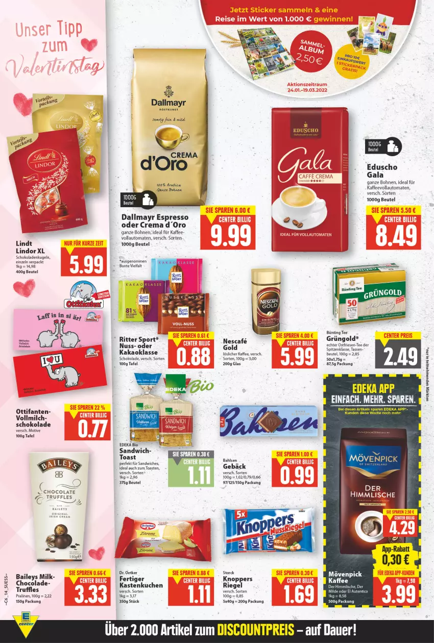 Aktueller Prospekt E Center - Angebote der Woche - von 07.02 bis 12.02.2022 - strona 13 - produkty: auto, bahlsen, baileys, beutel, bio, bohne, bohnen, bünting tee, cola, dallmayr, deka, Dr. Oetker, edeka bio, eduscho, espresso, gin, irish cream, kaffee, kakao, Kastenkuchen, kuchen, Kugel, lindor, lindt, löslicher kaffee, milch, mövenpick, nuss, pralinen, ritter, ritter sport, sandwich, schoko, schokolade, schokoladen, Sport, storck, tasse, tee, Ti, toast, tomate, tomaten, vollautomaten, vollmilch, Yo, zitrone