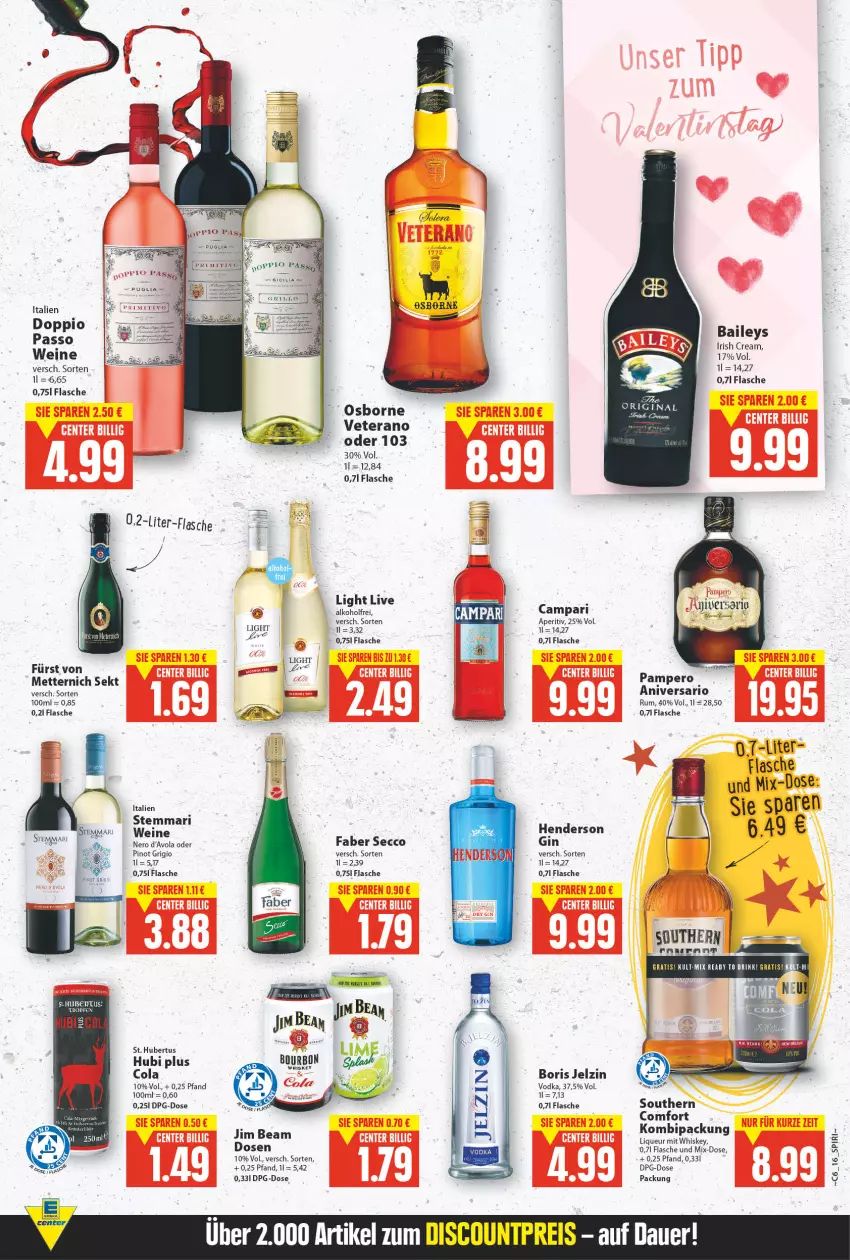 Aktueller Prospekt E Center - Angebote der Woche - von 07.02 bis 12.02.2022 - strona 15 - produkty: alkohol, baileys, Boris Jelzin, campari, cola, doppio passo, ecco, enders, ente, flasche, gin, irish cream, jelzin, jim beam, liqueur, Mett, metternich, nero, osborne, passo, Pinot, pinot grigio, rum, sekt, Southern Comfort, tee, Ti, veterano, vodka, wein, weine, whiskey