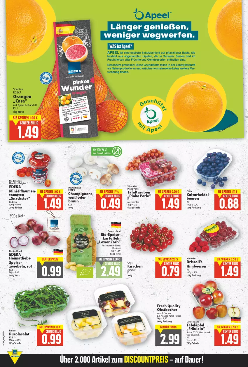 Aktueller Prospekt E Center - Angebote der Woche - von 07.02 bis 12.02.2022 - strona 6 - produkty: ananas, apfel, Becher, beere, beeren, bio, cola, deka, eis, ente, fleisch, frucht, früchte, fruchtfleisch, himbeer, himbeere, himbeeren, kartoffel, kartoffeln, kirsch, kirsche, kirschen, LG, mac, montana, obst, orange, orangen, pflaume, pflaumen, reis, rucola, rwe, salat, Schal, Schale, snack, snacks, tafeläpfel, tafeltrauben, Ti, tisch, tomate, tomaten, trauben, und gemüse, zwiebel, zwiebeln