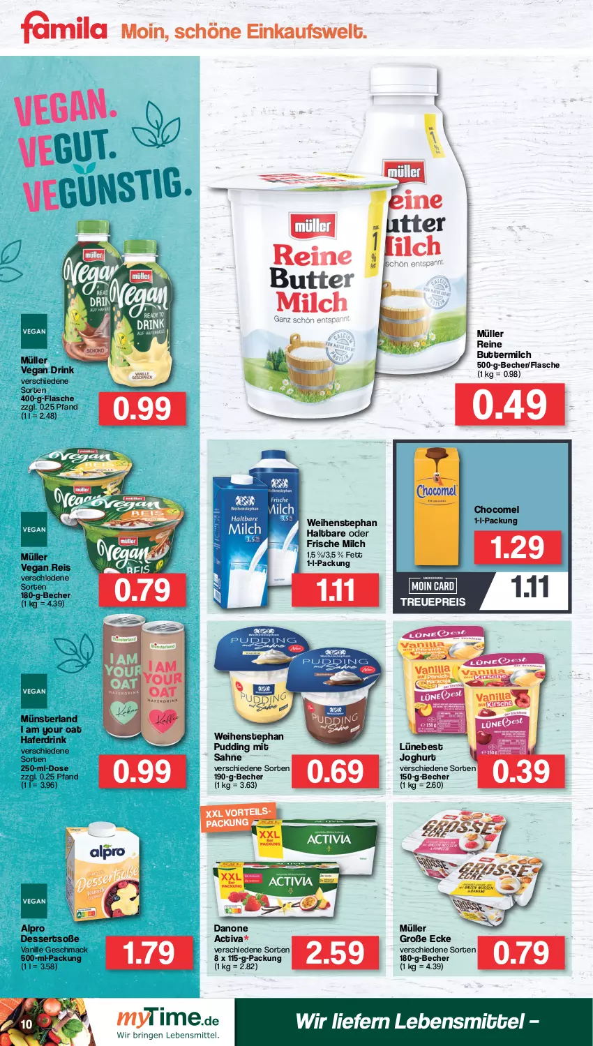 Aktueller Prospekt Famila - Prospekte - von 01.08 bis 06.08.2022 - strona 10 - produkty: activa, alpro, Becher, butter, buttermilch, danone, dessert, desserts, drink, eis, flasche, frische milch, hafer, Haferdrink, joghur, joghurt, lebensmittel, mac, milch, Müller, pudding, reine buttermilch, reis, sahne, Soße, Ti, vanille, weihenstephan, Yo