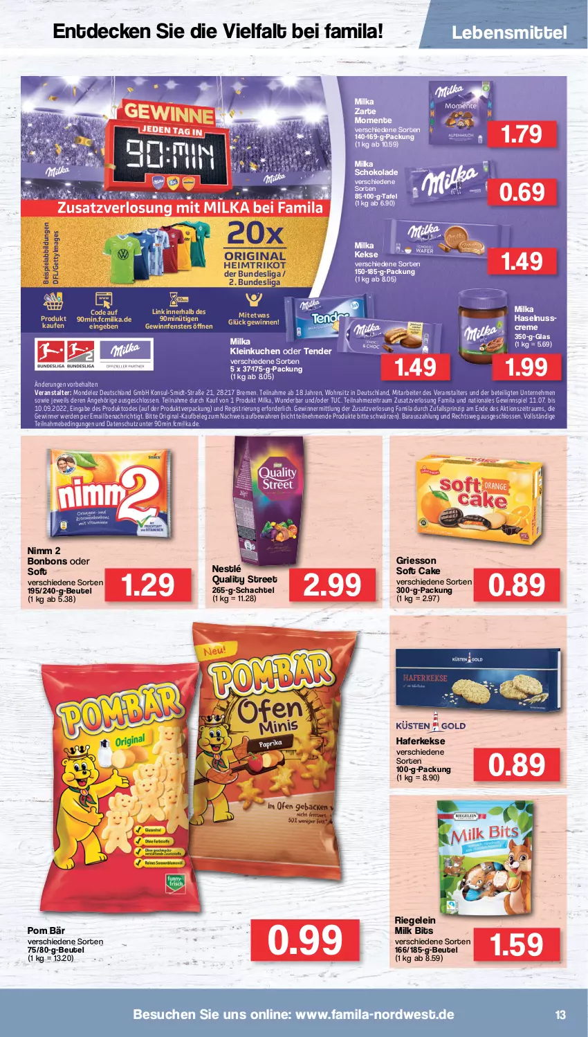 Aktueller Prospekt Famila - Prospekte - von 01.08 bis 06.08.2022 - strona 13 - produkty: beispielabbildung, beutel, bonbons, creme, decke, eis, ente, erde, fenster, gewinnspiel, gin, griesson, hafer, haselnuss, Haselnusscreme, keks, kekse, kuchen, lebensmittel, milka, milka schokolade, mondelez, nestlé, Nimm 2, nuss, riegel, schoko, schokolade, tender, Ti, Trikot, tuc