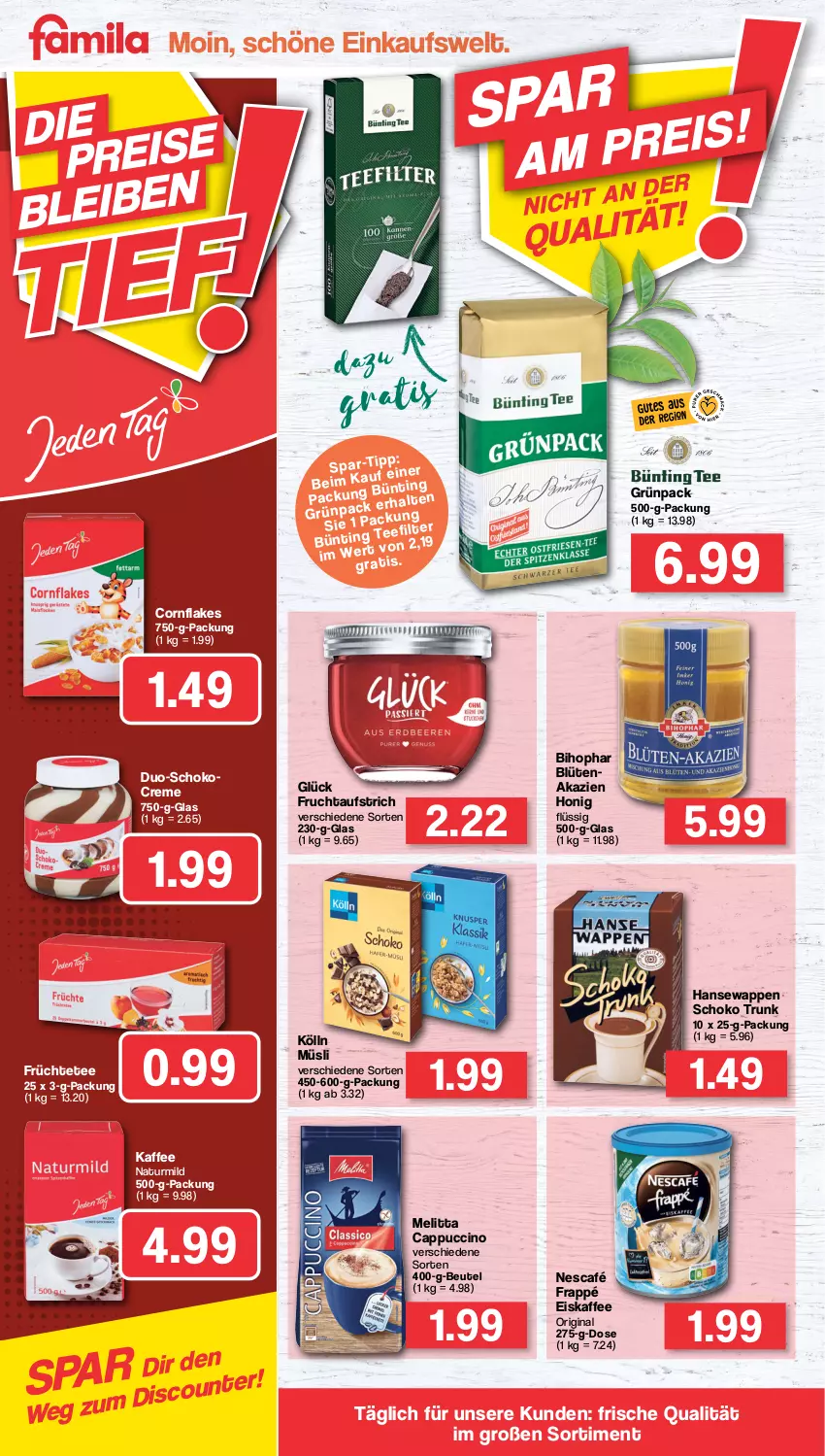 Aktueller Prospekt Famila - Prospekte - von 01.08 bis 06.08.2022 - strona 14 - produkty: aufstrich, beutel, bihophar, Blüte, Cap, cappuccino, cin, creme, discount, eis, eiskaffee, flakes, frappé, frucht, fruchtaufstrich, früchte, Früchtetee, gin, honig, kaffee, kölln, melitta, müsli, natur, Nescafé, schoko, tee, Ti