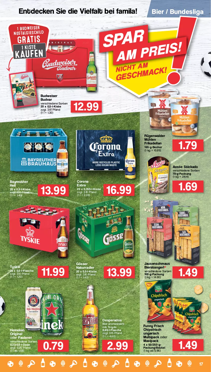 Aktueller Prospekt Famila - Prospekte - von 01.08 bis 06.08.2022 - strona 17 - produkty: aoste stickado, Becher, beutel, bier, budweiser, chips, chipsfrisch, corona, corona extra, decke, dell, desperados, eis, elle, flasche, frikadellen, Funny Frisch, gin, gösser, heineken, LG, Maus, natur, Paula, paulaner, radler, rügenwalder, rügenwalder mühle, stickado, Ti, tyskie