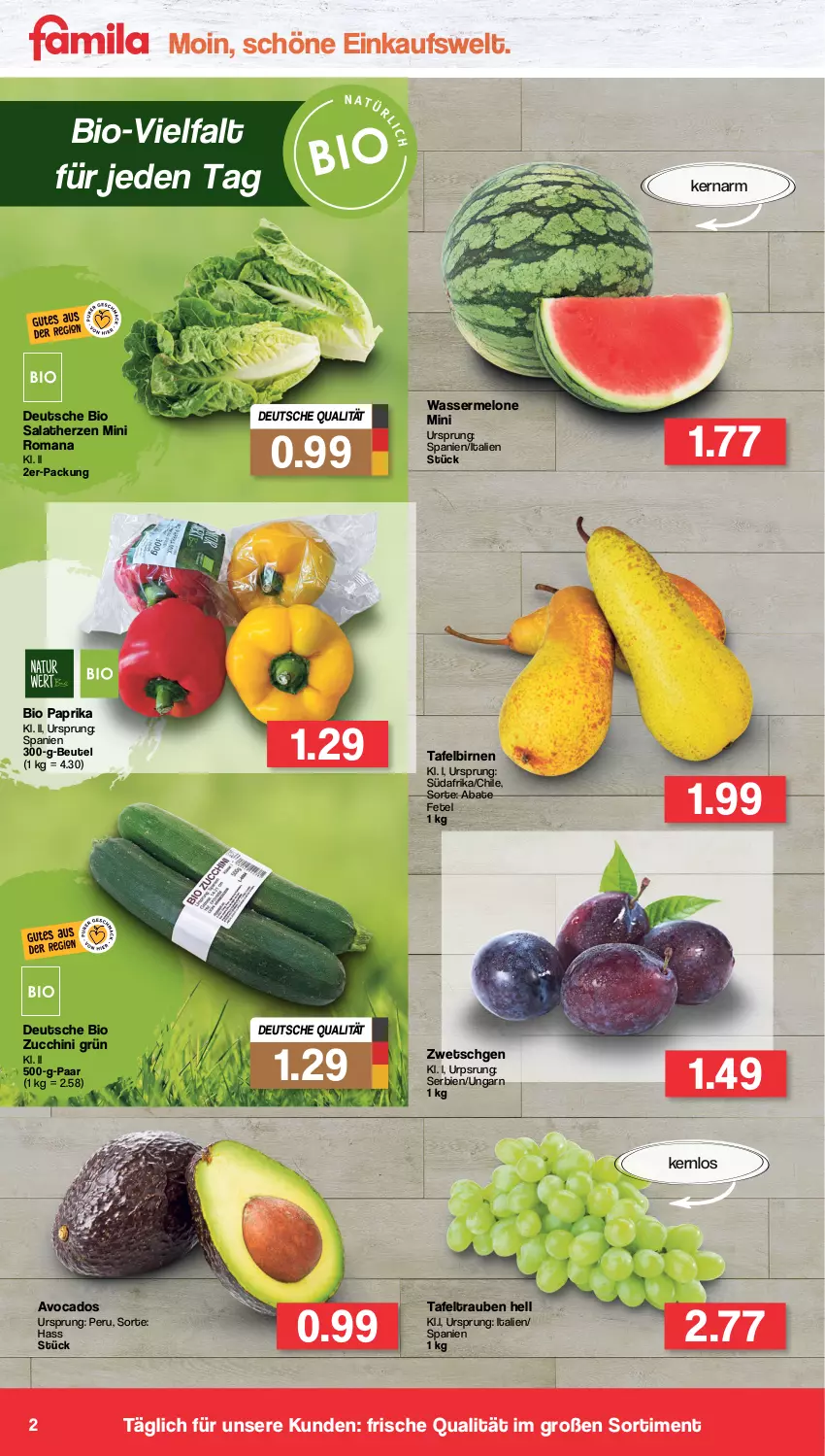 Aktueller Prospekt Famila - Prospekte - von 01.08 bis 06.08.2022 - strona 2 - produkty: avocado, avocados, beutel, bio, Birnen, melone, paprika, salat, salatherzen, tafelbirnen, tafeltrauben, Ti, trauben, wasser, wassermelone, zucchini