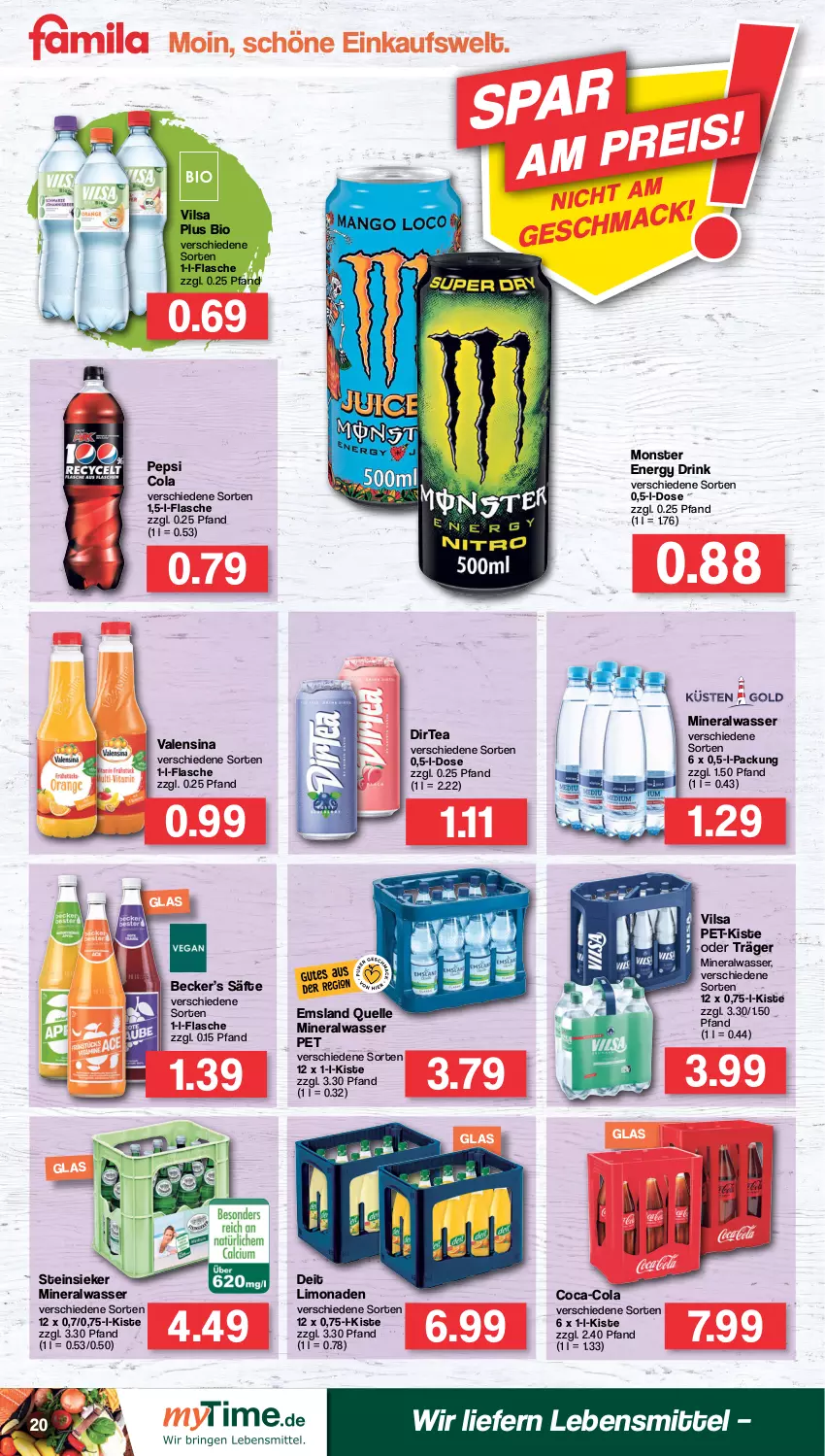 Aktueller Prospekt Famila - Prospekte - von 01.08 bis 06.08.2022 - strona 20 - produkty: Alwa, bio, coca-cola, cola, deit, drink, elle, energy drink, flasche, lebensmittel, limo, limonade, limonaden, mineralwasser, monster, Monster Energy, pepsi, Pepsi Cola, säfte, Steinsieker, valensina, vilsa, wasser