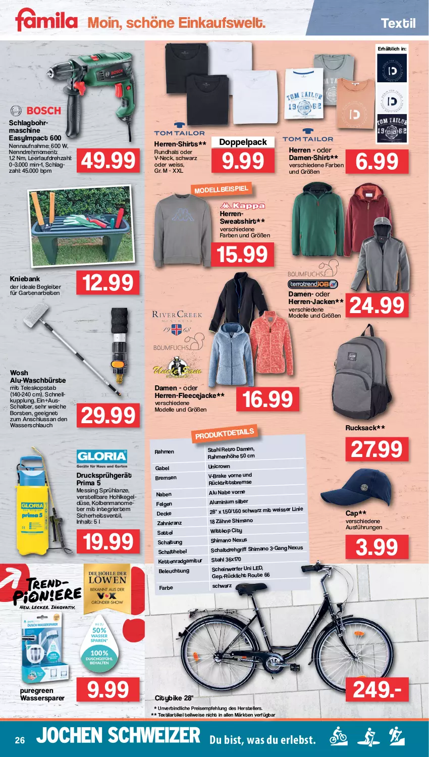 Aktueller Prospekt Famila - Prospekte - von 01.08 bis 06.08.2022 - strona 26 - produkty: Bank, beleuchtung, bürste, Cap, damen-shirt, decke, dell, eis, elle, felgen, Fleecejacke, gabel, garnitur, Garten, herren-shirt, Jacke, Kette, Kranz, LG, Mode, nexus, reis, rücklicht, rucksack, sac, sattel, Schal, schlauch, shimano, shirt, shirts, Sweatshirt, Teleskop, teller, Ti, wasser, Wasserschlauch