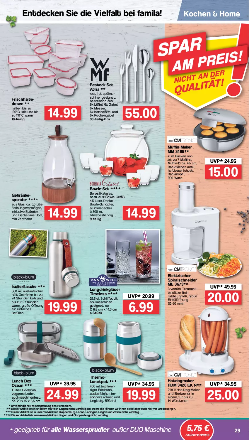 Aktueller Prospekt Famila - Prospekte - von 01.08 bis 06.08.2022 - strona 29 - produkty: auer, Becher, besteck, besteck-set, bowle, dauertiefpreis, decke, Deckel, drink, edelstahl, eier, Eierkocher, eis, elle, flasche, gabel, getränk, getränke, Gläser, Holz, isolierflasche, kaffee, Kocher, kuchen, Löffel, messer, Muffin, muffins, reis, Ria, Spiralschneider, spülmaschinen, teller, Ti, tiefpreis, trommel, wasser, wassersprudler, würstchen