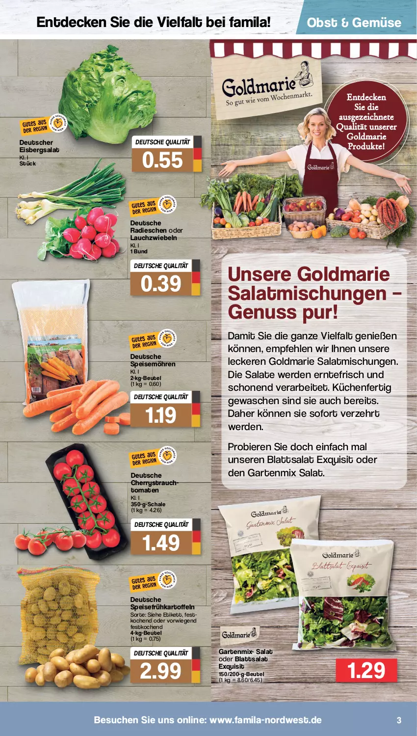 Aktueller Prospekt Famila - Prospekte - von 01.08 bis 06.08.2022 - strona 3 - produkty: beutel, bier, Biere, decke, eis, eisbergsalat, erde, Frühkartoffeln, Garten, goldmarie, kartoffel, kartoffeln, küche, Küchen, Lauchzwiebel, lauchzwiebeln, möhren, nuss, obst, radieschen, Rauch, salat, salate, Schal, Schale, speisefrühkartoffeln, speisemöhren, strauchtomaten, Ti, tomate, tomaten, zwiebel, zwiebeln