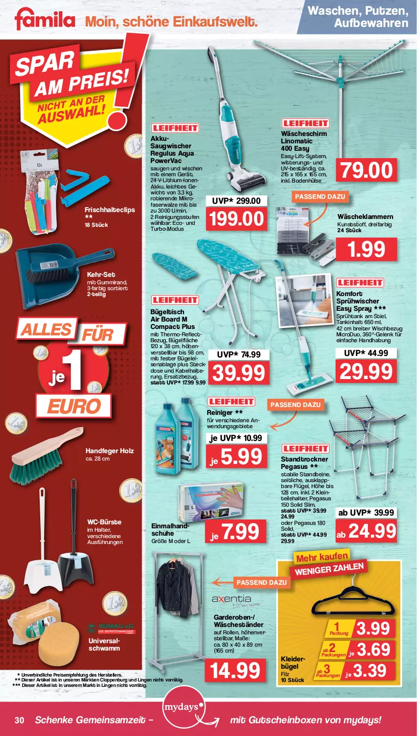 Aktueller Prospekt Famila - Prospekte - von 01.08 bis 06.08.2022 - strona 30 - produkty: akku, aqua, asus, Brei, bügel, Bügeleisen, bügeltisch, bürste, eis, elle, Garderobe, gutschein, handschuhe, Holz, Klammern, kleid, kleider, lamm, mydays, reiniger, Reinigung, reis, Saugwischer, schuhe, schwamm, steckdose, teller, Ti, Tiere, tisch, Trockner, wäscheschirm, WC-Bürste