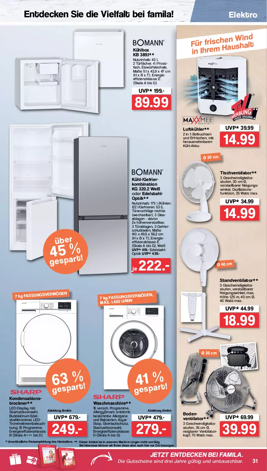 Aktueller Prospekt Famila - Prospekte - von 01.08 bis 06.08.2022 - strona 31 - produkty: akku, aqua, decke, edelstahl, eis, eiswürfel, Elektro, elle, gsw, gutschein, gutscheine, kühlbox, reis, rum, Schal, Schale, schubladen, standventilator, teller, Ti, tisch, tischventilator, Trockner, trommel, ventilator, waschmaschine, würfel