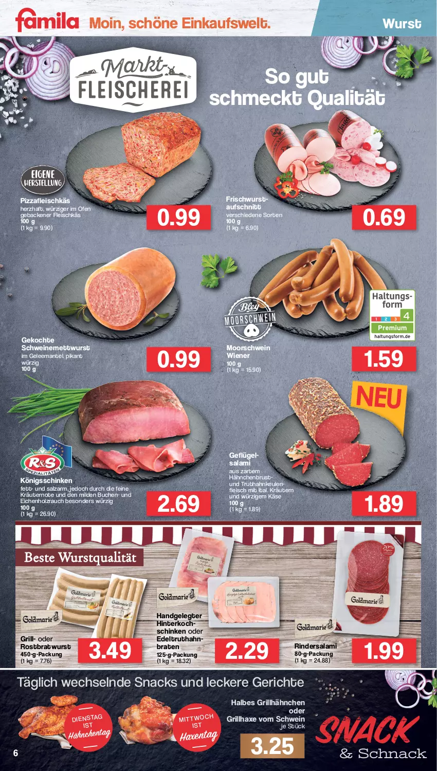 Aktueller Prospekt Famila - Prospekte - von 01.08 bis 06.08.2022 - strona 6 - produkty: aufschnitt, axe, braten, bratwurst, buch, eis, fleisch, geback, Geflügel, gelee, grill, grillhähnchen, grillhaxe, hähnchenbrust, Haxe, Holz, Käse, kräuter, kräutern, Mantel, Mett, mettwurst, Ofen, pizza, Rauch, rind, rinder, Rindersalami, rostbratwurst, salami, salz, schinken, schwein, schweine, schweinemett, snack, snacks, truthahn, wein, weine, wiener, wurst