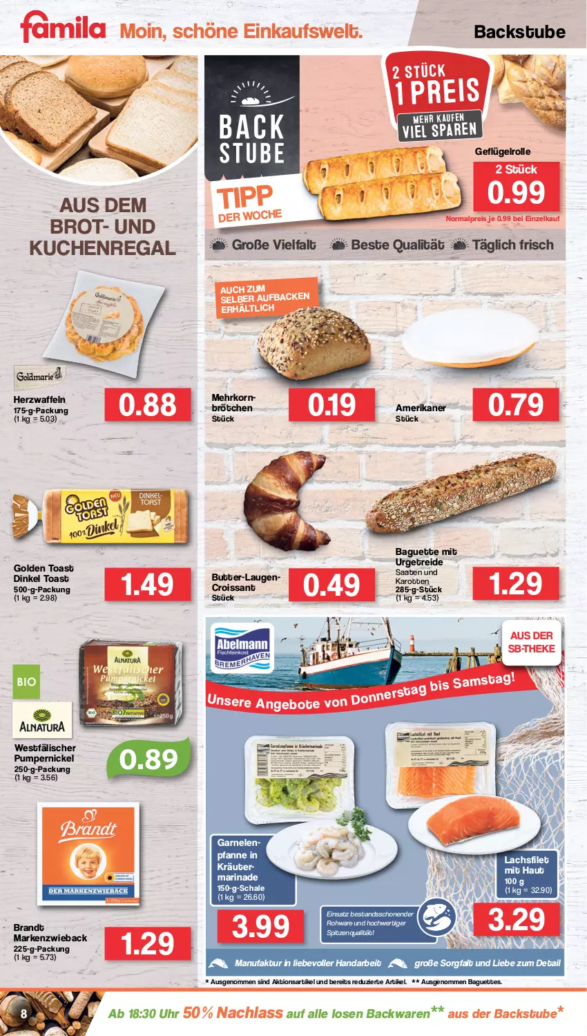 Aktueller Prospekt Famila - Prospekte - von 01.08 bis 06.08.2022 - strona 8 - produkty: backwaren, baguette, baguettes, brandt, brot, brötchen, butter, Croissant, eis, Faktu, filet, garnelen, Geflügel, golden toast, karotten, korn, kräuter, kuchen, lachs, lachsfilet, Laugencroissant, marinade, Markenzwieback, mehrkornbrötchen, pfanne, Pumpernickel, regal, reis, Schal, Schale, spitzenqualität, stube, Ti, toast, uhr, waffeln