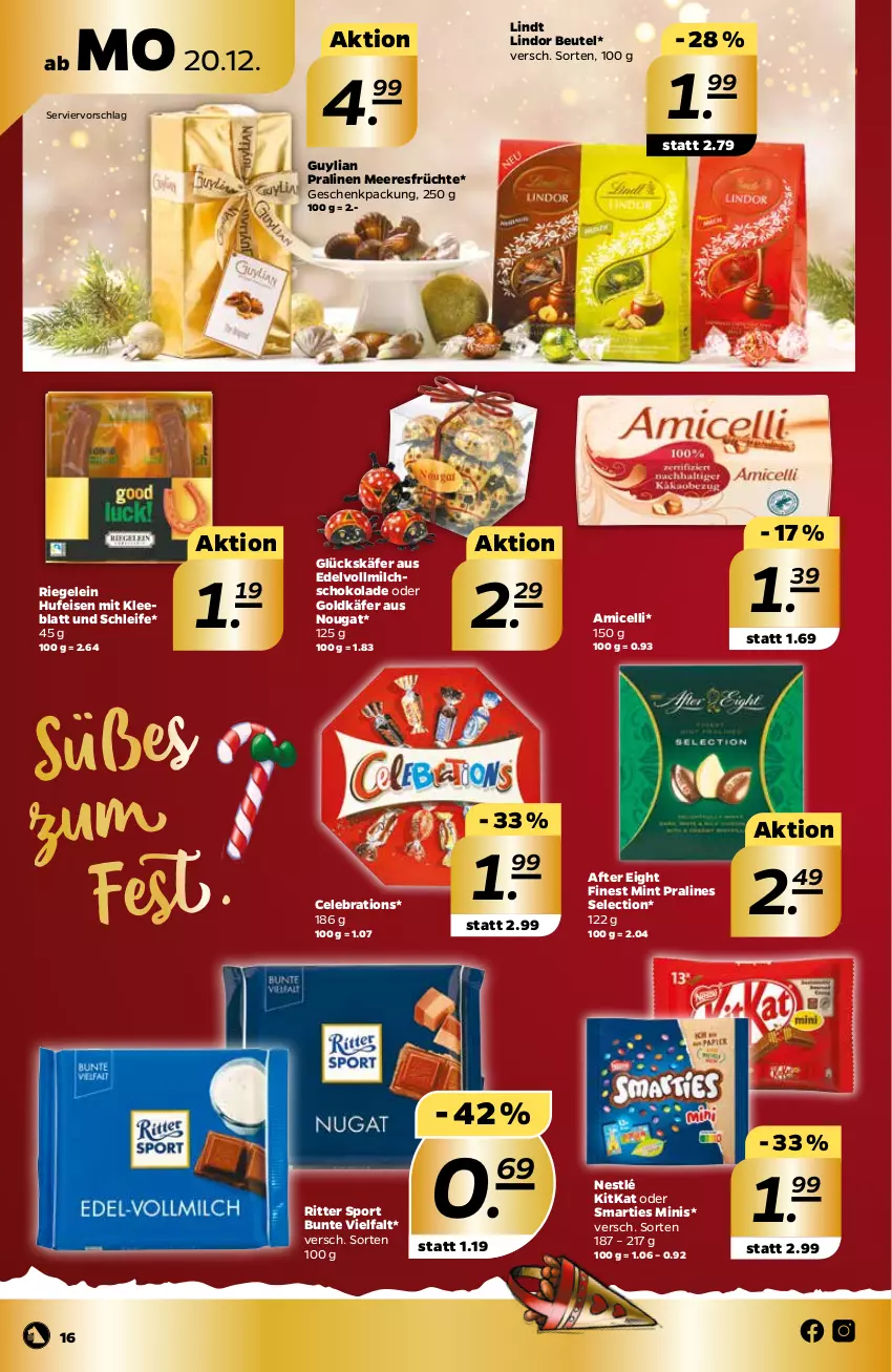 Aktueller Prospekt Netto - Angebote ab Montag - von 20.12 bis 24.12.2021 - strona 16 - produkty: after eight, amicelli, beutel, eis, früchte, geschenkpackung, käfer, kitkat, lindor, lindt, meeresfrüchte, milch, mint, nestlé, pralinen, riegel, ritter, ritter sport, schoko, schokolade, smarties, Sport, Ti, vollmilch