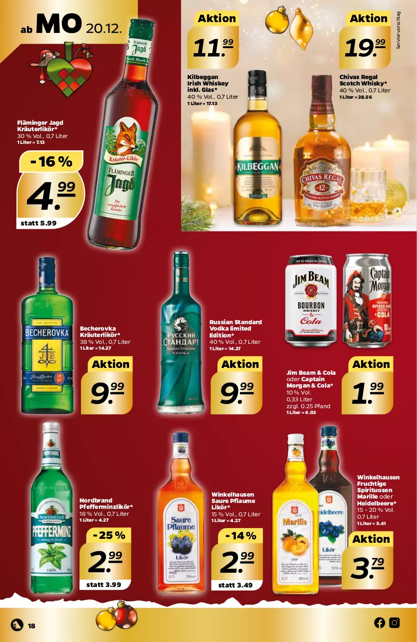 Aktueller Prospekt Netto - Angebote ab Montag - von 20.12 bis 24.12.2021 - strona 18 - produkty: Becher, Becherovka, beere, Cap, captain morgan, cola, frucht, heidelbeere, hero, irish whiskey, jim beam, kilbeggan, kräuter, kräuterlikör, likör, nordbrand, pfeffer, pfefferminzlikör, pflaume, regal, russian standard, scotch, scotch whisky, spirituosen, Ti, vodka, whiskey, whisky, winkelhausen