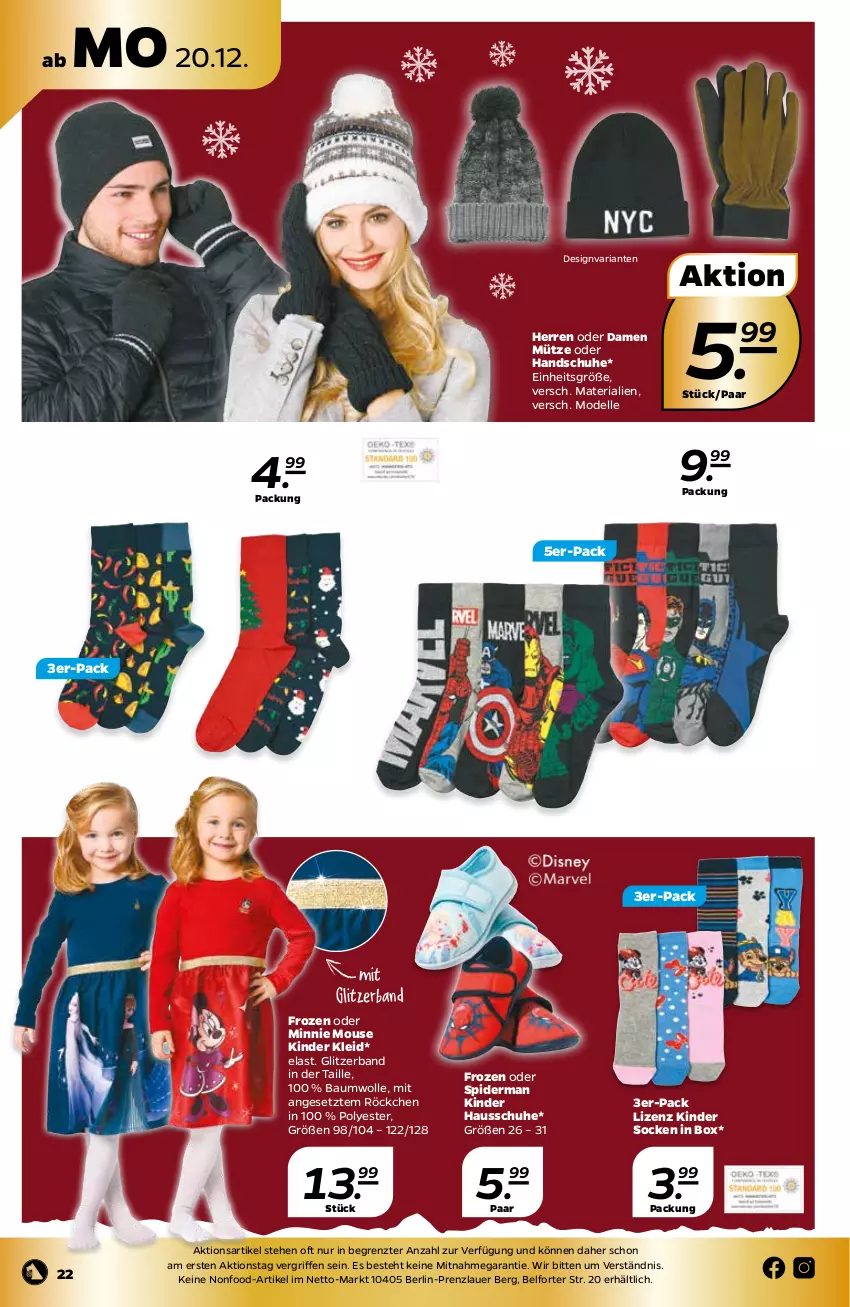 Aktueller Prospekt Netto - Angebote ab Montag - von 20.12 bis 24.12.2021 - strona 22 - produkty: auer, Bau, baumwolle, chili, dell, elle, handschuhe, Hausschuhe, Justice League, Kinder, Kinder Hausschuhe, kleid, Lusti, Mode, Mütze, Ria, schuhe, socken, Ti, wolle, ZTE