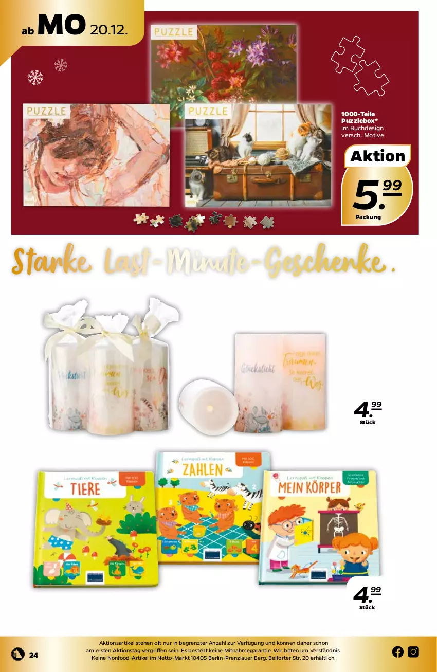 Aktueller Prospekt Netto - Angebote ab Montag - von 20.12 bis 24.12.2021 - strona 24 - produkty: auer, batterie, batterien, buch, kerze, Kinder, Kinderbuch, LED-Kerze, LG, Puzzle, Ti, ZTE