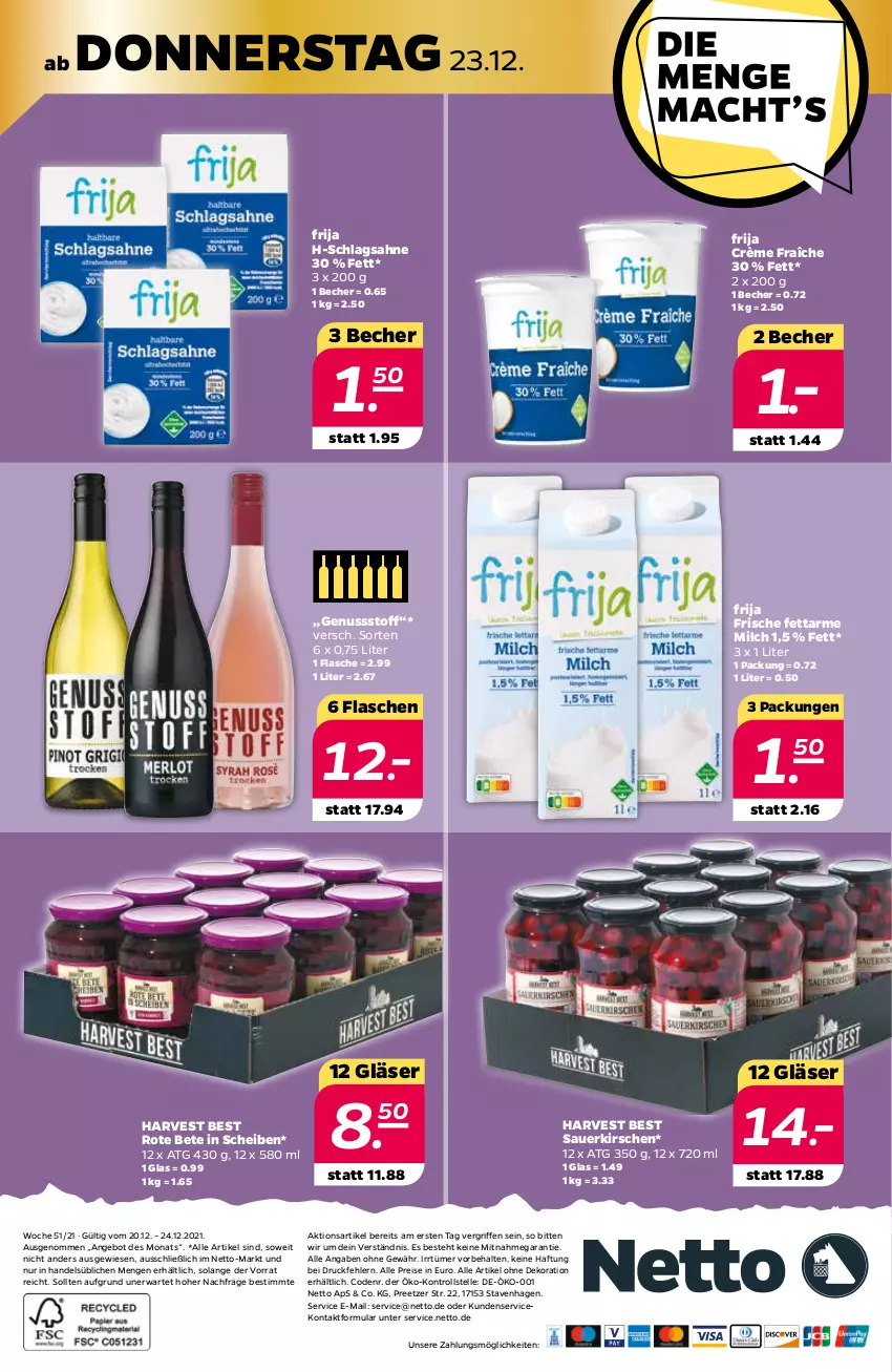 Aktueller Prospekt Netto - Angebote ab Montag - von 20.12 bis 24.12.2021 - strona 28 - produkty: alle artikel ohne dekoration, angebot, auer, Becher, crème fraîche, dekoration, eis, elle, flasche, Gläser, kirsch, kirsche, kirschen, milch, nuss, reis, rote bete, sahne, sauerkirschen, schlagsahne, Ti