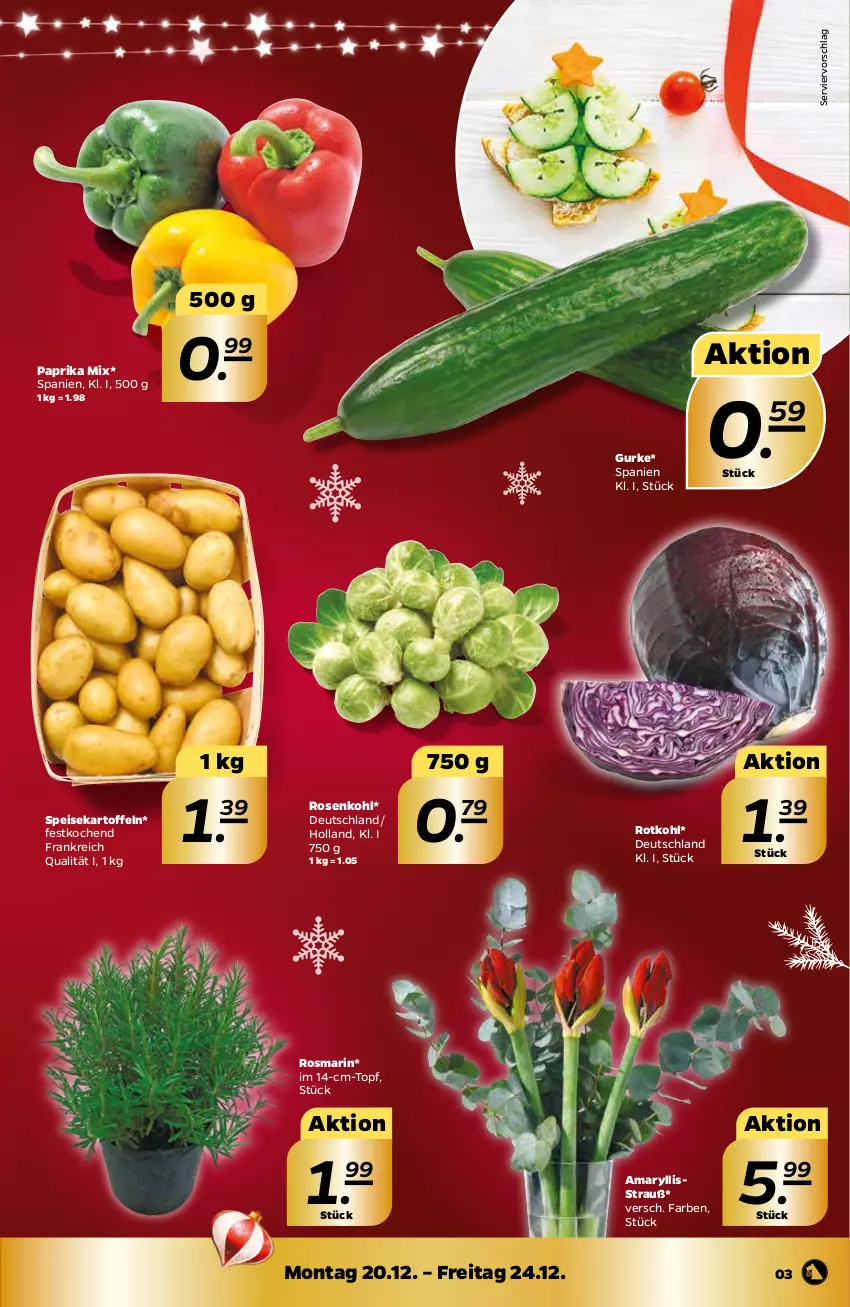 Aktueller Prospekt Netto - Angebote ab Montag - von 20.12 bis 24.12.2021 - strona 3 - produkty: eis, gurke, kartoffel, kartoffeln, paprika, paprika mix, rosen, Rosenkohl, rosmarin, rotkohl, speisekartoffeln, Ti, topf