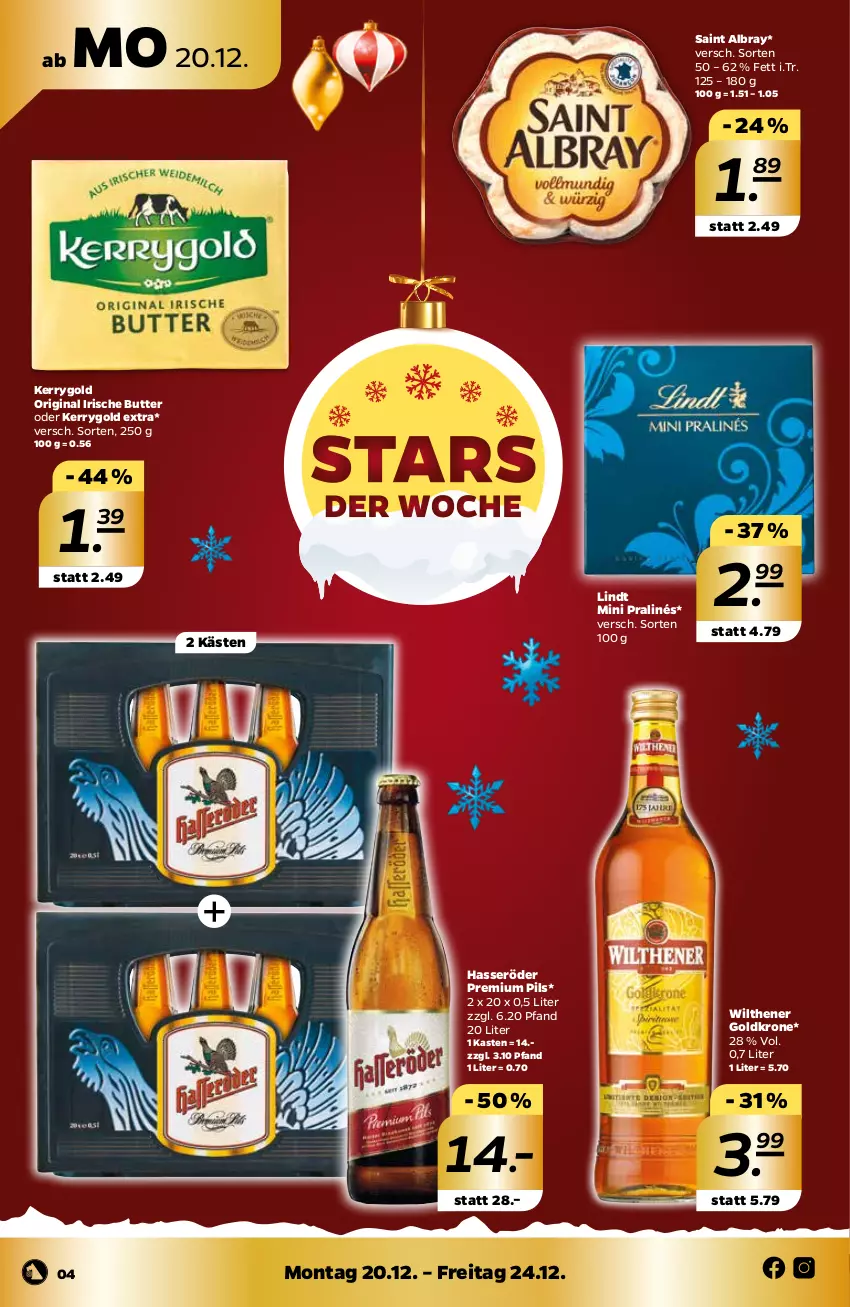 Aktueller Prospekt Netto - Angebote ab Montag - von 20.12 bis 24.12.2021 - strona 4 - produkty: albray, butter, gin, goldkrone, hasseröder, irische butter, kerrygold, kerrygold extra, krone, lindt, mini pralinés, pils, premium pils, saint albray, wilthener, Wilthener Goldkrone