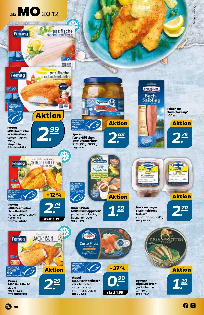 Aktueller Prospekt Netto - Angebote ab Montag - von 20.12 bis 24.12.2021 - strona 8 - produkty: backfisch, burger, dovgan, feinkost, femeg, filet, filets, fisch, fische, hering, Herings, heringsfilets, matjes, ring, Saibling, scholl, Schollenfilets, Sprotten, Ti, Waage