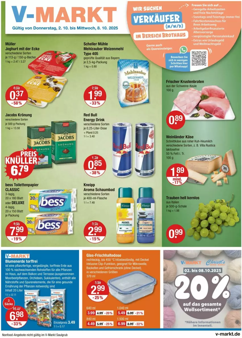 Aktueller Prospekt Vmarkt - Prospekte - von 02.10 bis 08.10.2025 - strona 1 - produkty: angebot, angebote, Bad, blume, blumen, blumenerde, drink, elle, energy drink, ente, erde, flasche, kneipp, LG, mehl, red bull, schaumbad, Ti, type 405, weizenmehl