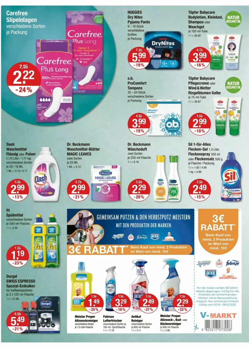 Aktueller Prospekt Vmarkt - Prospekte - von 02.10 bis 08.10.2025 - strona 10 - produkty: allzweckreiniger, Bad, blume, blumen, body, bodylotion, creme, Dr. Beckmann, eis, febreze, flasche, Huggies, Lotion, lufterfrischer, Meister, meister proper, Pflegecreme, procomfort, reiniger, ring, salz, shampoo, slip, slipeinlagen, sprühflasche, Tampon, tampons, Ti, waschgel, waschmittel, weck