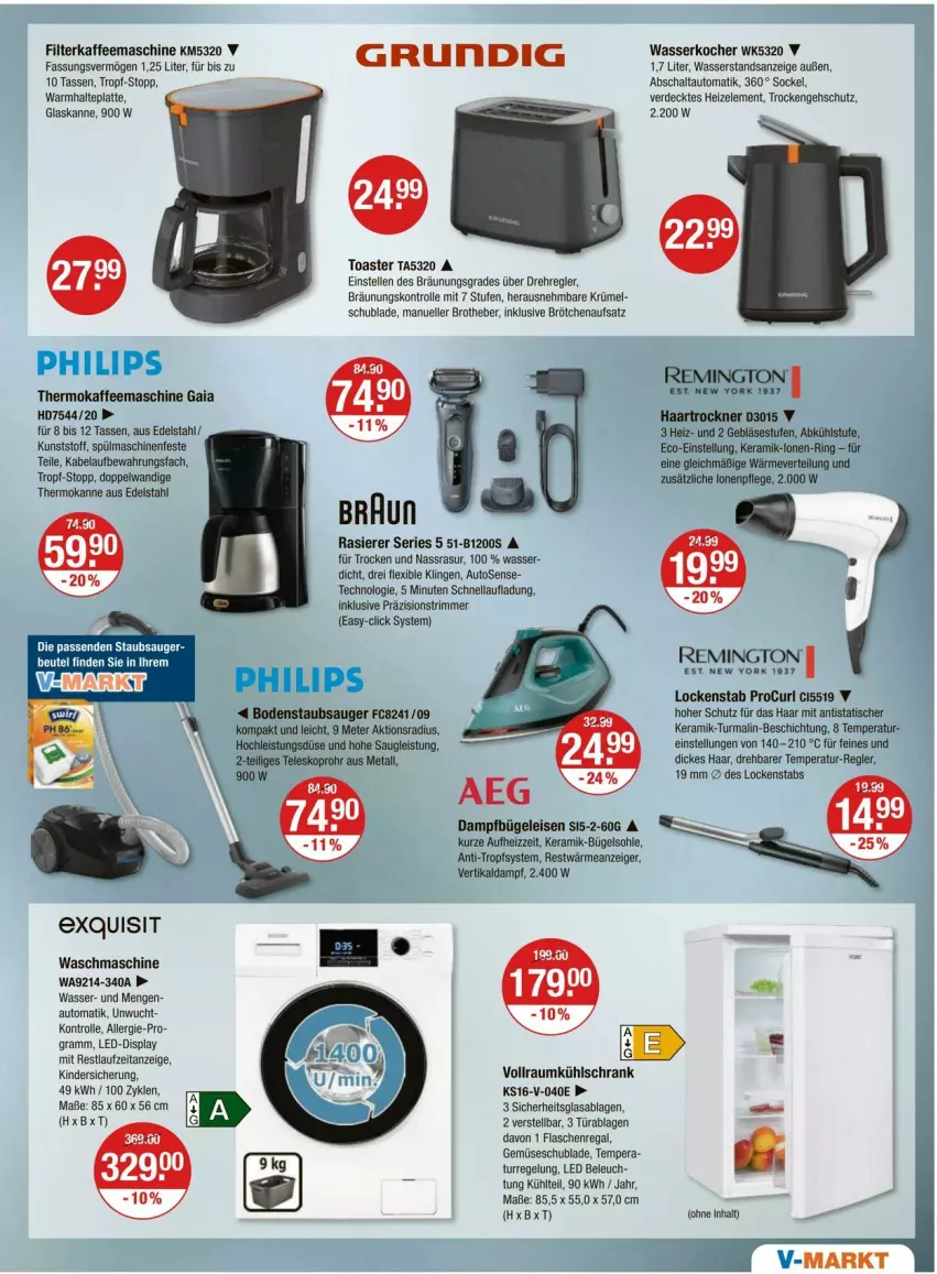 Aktueller Prospekt Vmarkt - Prospekte - von 02.10 bis 08.10.2025 - strona 17 - produkty: aeg, auto, beutel, bodenstaubsauger, braun, brot, brötchen, brötchenaufsatz, bügel, Bügeleisen, dampfbügeleisen, edelstahl, eis, elle, erde, filterkaffee, flasche, grundig, haartrockner, kaffee, kaffeemaschine, Kinder, Kocher, kühlschrank, latte, Lockenstab, rasierer, regal, remington, ring, Schal, Schrank, spülmaschinen, staubsauger, tasse, Teleskop, Ti, tisch, toast, toaster, Trockner, waschmaschine, wasser, wasserkocher, Yo