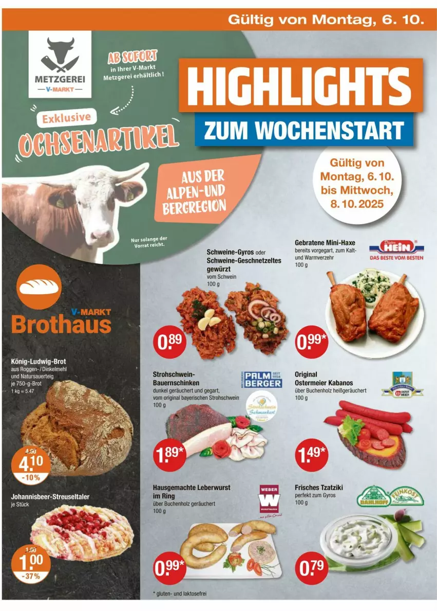 Aktueller Prospekt Vmarkt - Prospekte - von 02.10 bis 08.10.2025 - strona 22 - produkty: auer, axe, Bau, Bauer, Bauernschinken, braten, buch, dinkelmehl, eier, geschnetzeltes, gewürz, gin, gyros, Haxe, Holz, kabanos, leberwurst, mac, mehl, natur, schinken, schwein, schweine, Schweine-Gyros, tzatziki, wein, weine, wurst, Zelt