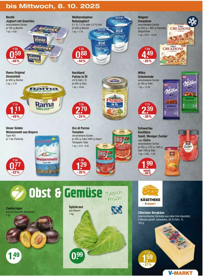 Aktueller Prospekt Vmarkt - Prospekte - von 02.10 bis 08.10.2025 - strona 23 - produkty: Becher, Bergkäse, gin, hartkäse, Heu, heumilch, hochland, joghur, joghurt, Käse, käsetheke, konfitüre, Kraut, mehl, milch, milka, milka schokolade, natur, naturjoghurt, oro di parma, patros, rama, schoko, schokolade, Schwartau, smarties, Ti, tomate, tomaten, type 405, weihenstephan, weizenmehl, zucker