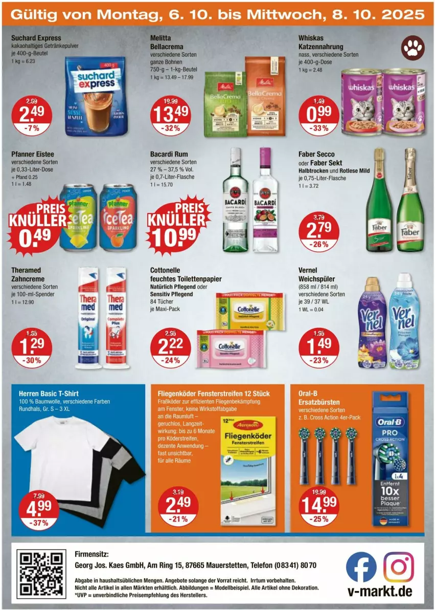 Aktueller Prospekt Vmarkt - Prospekte - von 02.10 bis 08.10.2025 - strona 24 - produkty: alle artikel ohne dekoration, angebot, angebote, auer, bacardi, bacardi rum, bellacrema, beutel, bohne, bohnen, cottonelle, creme, dekoration, dell, ecco, eis, eistee, elle, fenster, feuchtes toilettenpapier, flasche, kaes, kakao, katzennahrung, Liege, Mode, papier, pfanne, Pfanner, reifen, ring, rum, sekt, shirt, T-Shirt, tee, telefon, theramed, Ti, toilettenpapier, tücher, vernel, weichspüler, whiskas, zahncreme