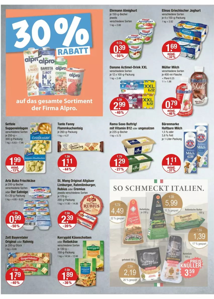 Aktueller Prospekt Vmarkt - Prospekte - von 02.10 bis 08.10.2025 - strona 6 - produkty: actimel, bärenmarke, Becher, burger, butter, danone, drink, elinas, ente, flammkuchen, Flammkuchenteig, flasche, gin, Griechischer Joghurt, haltbare milch, joghur, joghurt, kuchen, lamm, LG, Limburger, milch, Müller, rama, Rubius, salz, St. Mang, tante fanny, Ti, vita, Vitamin B