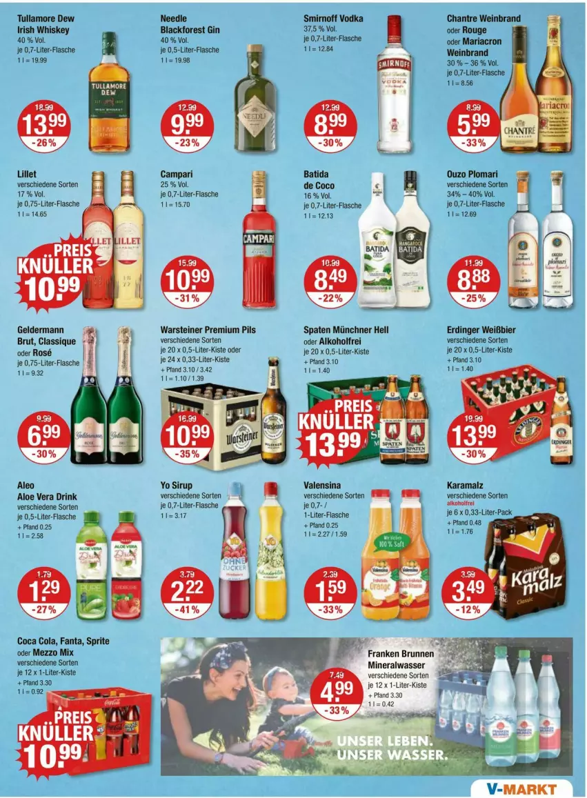 Aktueller Prospekt Vmarkt - Prospekte - von 02.10 bis 08.10.2025 - strona 9 - produkty: alkohol, aloe vera, Alwa, batida, bier, brunnen, brut, campari, cola, drink, erdinger, fanta, flasche, franken brunnen, geldermann, gin, irish whiskey, je 12 x 1-liter-kiste, karamalz, lack, lillet, malz, mariacron, Mezzo Mix, mineralwasser, ouzo, pils, premium pils, rama, Ria, rouge, sirup, smirnoff, Spaten, sprite, steiner, Ti, tullamore, tullamore dew, valensina, vodka, warsteiner, wasser, wein, weinbrand, whiskey, Yo