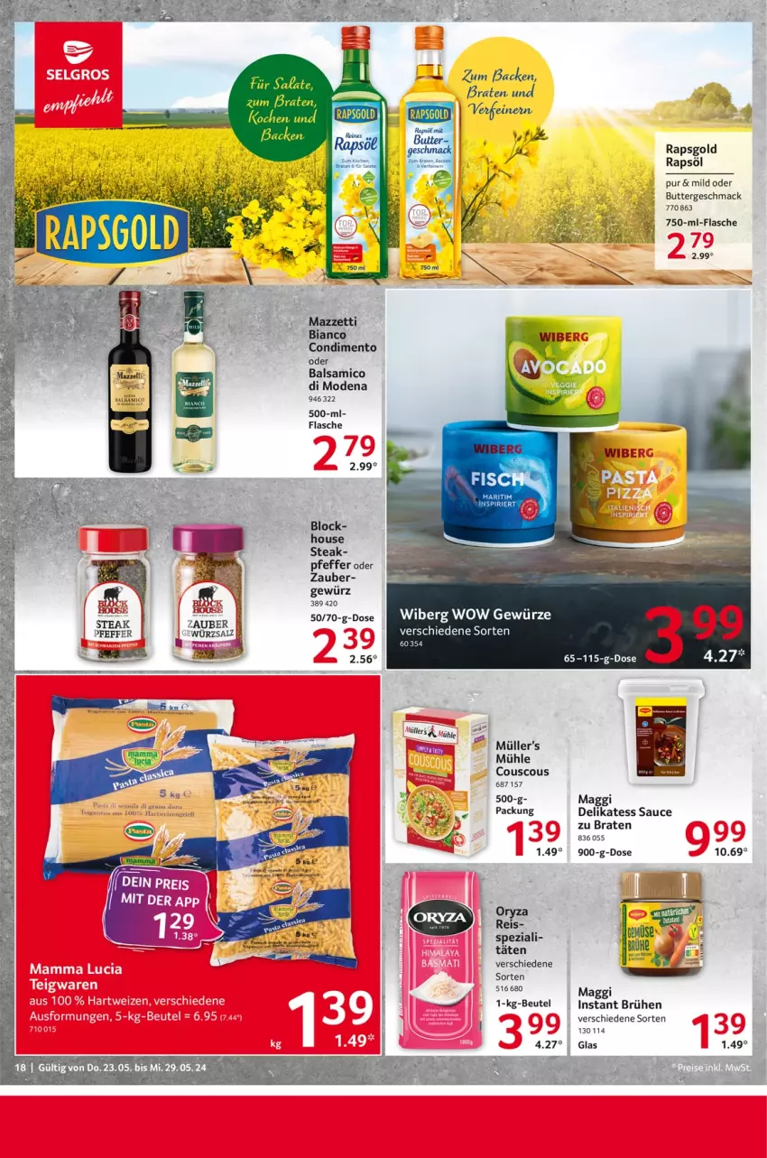 Aktueller Prospekt Selgros - Food - von 23.05 bis 29.05.2024 - strona 18 - produkty: balsam, balsamico, beutel, braten, Brühe, butter, condimento, couscous, delikatess sauce, eis, flasche, gewürz, mac, maggi, Mode, Müller, oryza, pfeffer, rapsöl, reis, salat, salate, salz, sauce, Spezi, steak, tee, Ti