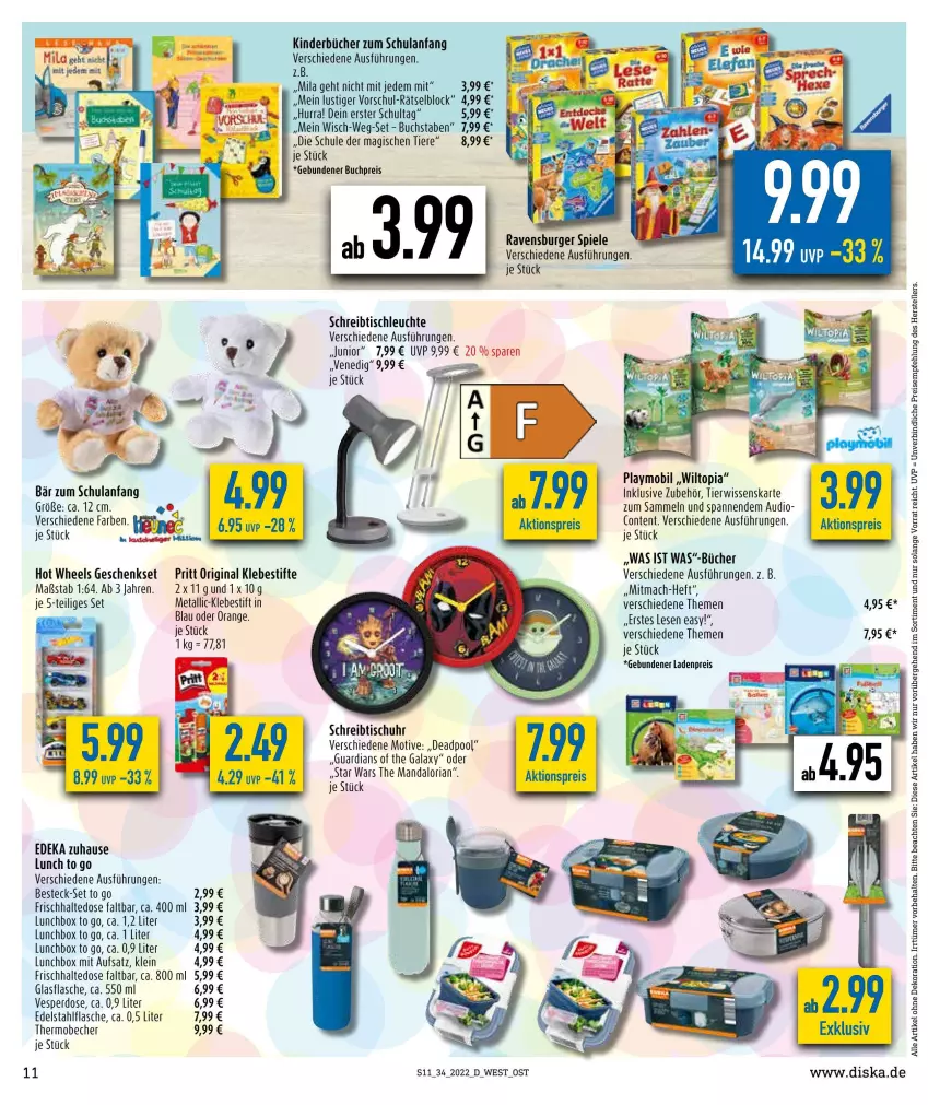 Aktueller Prospekt Diska - Prospekte - von 22.08 bis 27.08.2022 - strona 11 - produkty: aktionspreis, alle artikel ohne dekoration, Becher, besteck, besteck-set, buch, burger, deka, dekoration, edelstahl, eis, elle, flasche, geschenkset, gin, glasflasche, Hot Wheels, HP, Kinder, Leuchte, LG, lunchbox, Lusti, mac, orange, playmobil, pool, pritt, ravensburger, reis, Ria, schreibtisch, Spiele, stifte, teller, Ti, Tiere, tisch, tischleuchte, uhr