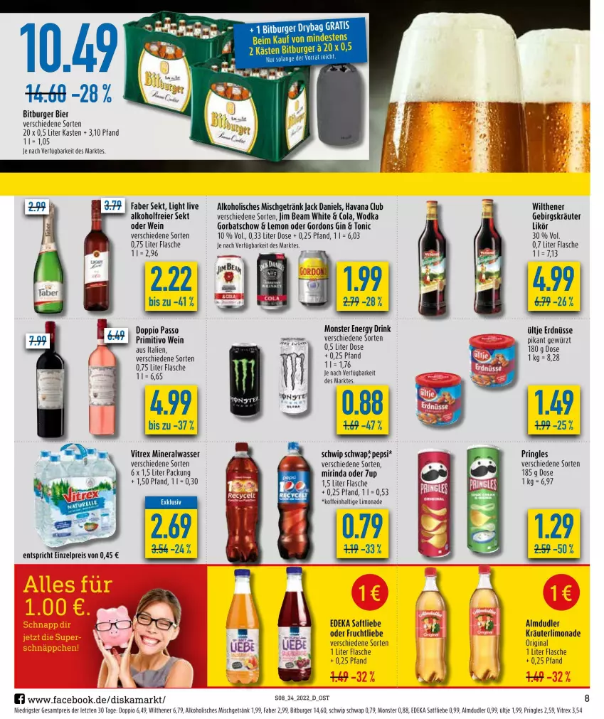 Aktueller Prospekt Diska - Prospekte - von 22.08 bis 27.08.2022 - strona 8 - produkty: alkohol, almdudler, Alwa, bier, bitburger, burger, cola, deka, doppio passo, drink, eier, eis, energy drink, erdnüsse, flasche, frucht, getränk, gewürz, gin, Gorbatschow, gordon, gordons, jack daniel, jack daniels, jim beam, kräuter, likör, limo, limonade, mineralwasser, Mirinda, monster, Monster Energy, passo, pepsi, primitivo, pringles, reis, rind, ring, saft, Schwip Schwap, sekt, tee, Ti, tonic, ültje, ültje erdnüsse, vitrex, wasser, wein, wilthener, wodka, ZTE