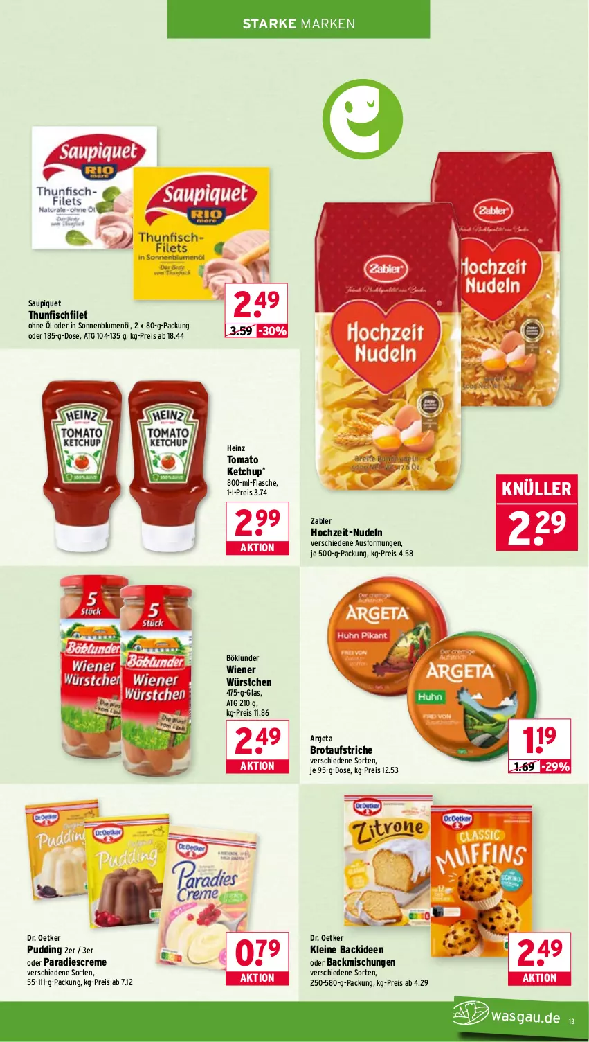 Aktueller Prospekt Wasgau - von 13.04 bis 18.04.2026 - strona 13 - produkty: aufstrich, backmischung, Backmischungen, blume, blumen, blumenöl, böklunder, brot, brotaufstrich, brotaufstriche, creme, Dr. Oetker, eis, filet, fisch, flasche, heinz, ketchup, leine, nudel, nudeln, pudding, reis, saupiquet, sonnenblume, sonnenblumen, sonnenblumenöl, thunfisch, Ti, tomato ketchup, wiener, wiener würstchen, würstchen, Zabler