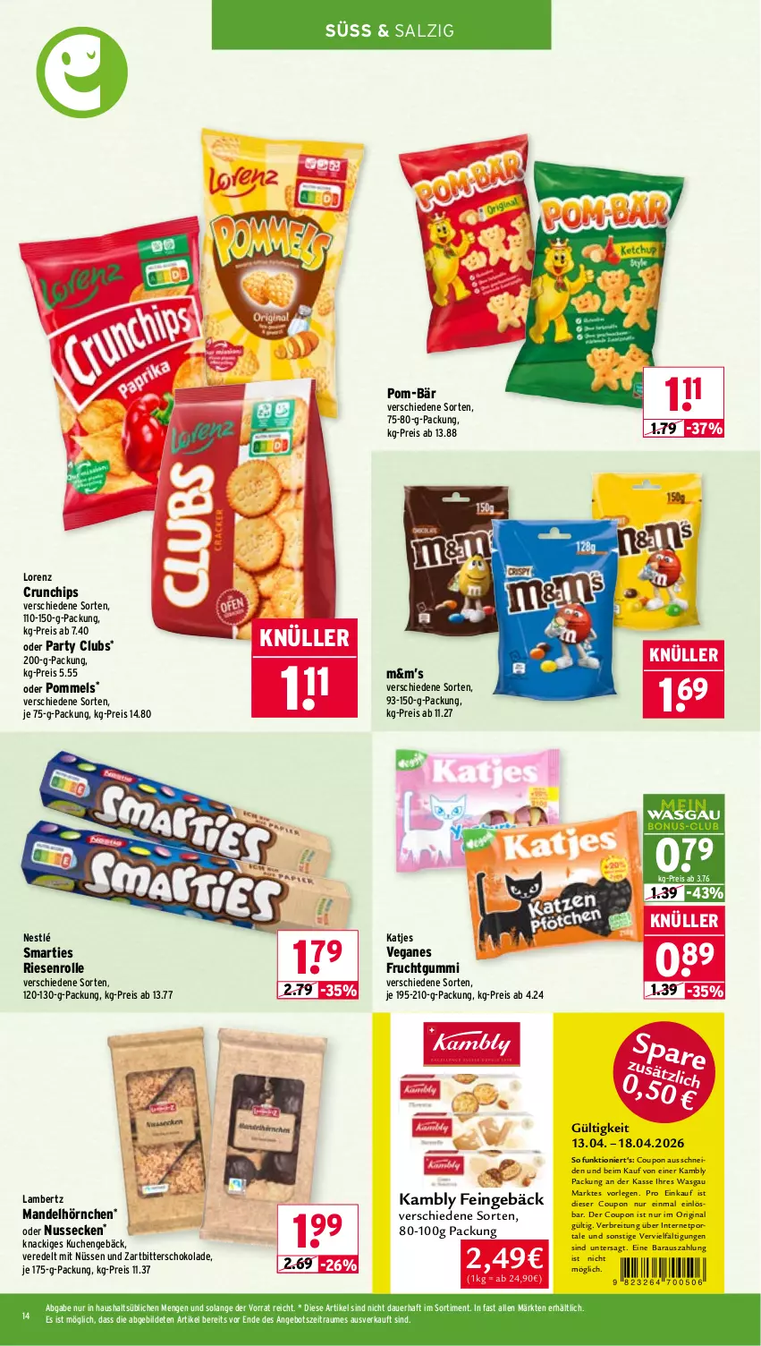 Aktueller Prospekt Wasgau - von 13.04 bis 18.04.2026 - strona 14 - produkty: Amber, angebot, auer, Brei, chips, coupon, crunchips, eis, frucht, fruchtgummi, gin, hörnchen, katjes, kuchen, lambertz, lorenz, lorenz crunchips, mandel, nestlé, nuss, pom-bär, Pommels, reis, salz, schoko, schokolade, smarties, Ti, Zartbitterschokolade
