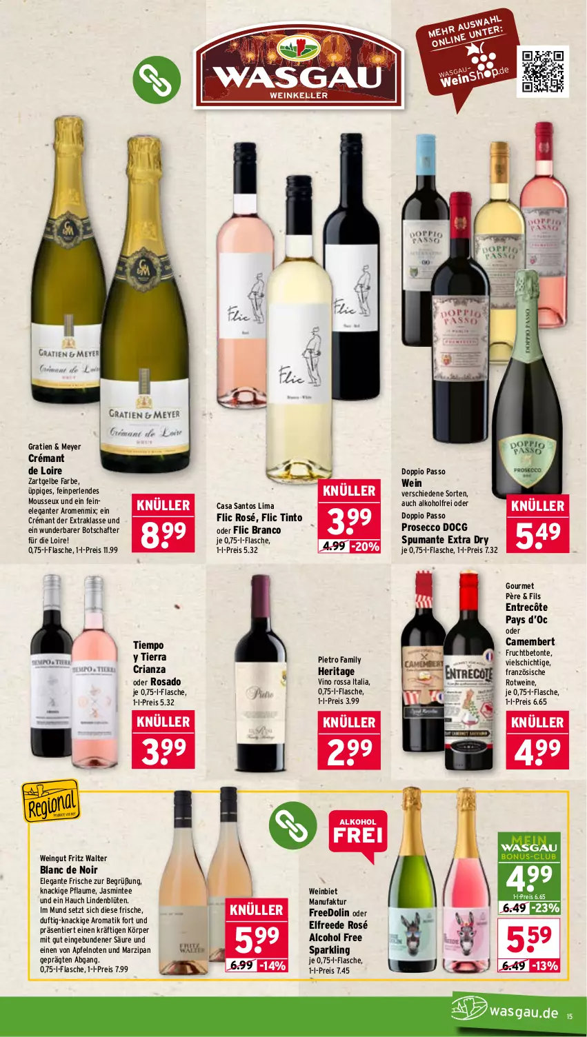 Aktueller Prospekt Wasgau - von 13.04 bis 18.04.2026 - strona 15 - produkty: alkohol, apfel, Blüte, camembert, crémant de loire, doppio passo, ecco, eis, entrecôte, Faktu, flasche, fritz, frucht, marzipan, mint, mousse, passo, perlen, pflaume, prosecco, puma, reis, Ria, rotwein, spumante, tee, Ti, wein, weine