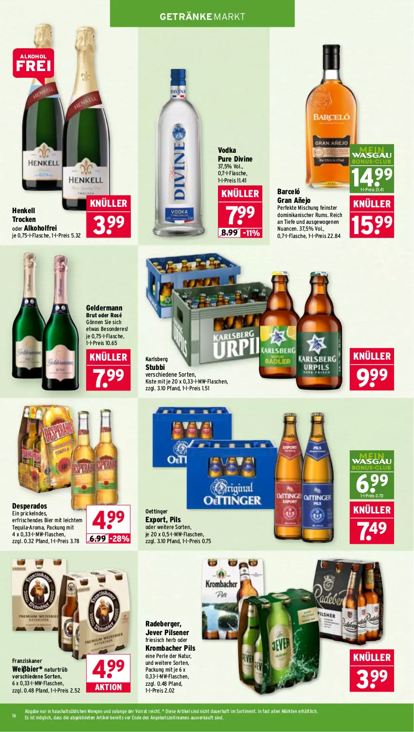 Aktueller Prospekt Wasgau - von 13.04 bis 18.04.2026 - strona 16 - produkty: alkohol, angebot, auer, Berger, bier, brut, desperados, eis, flasche, franziskaner, geldermann, getränk, getränke, henkel, henkell, Henkell Trocken, jever, jever pilsener, karlsberg, krombache, krombacher, krombacher pils, mw-flasche, natur, Nuance, oettinger, pils, pilsener, radeberger, reis, rum, tequila, Ti, vodka