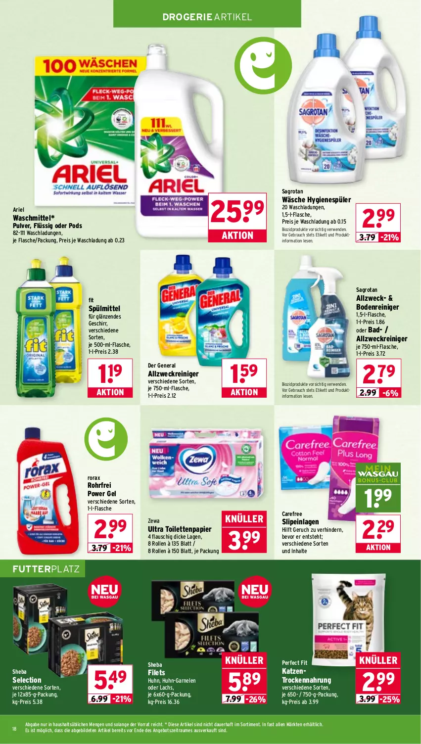 Aktueller Prospekt Wasgau - von 13.04 bis 18.04.2026 - strona 18 - produkty: allzweckreiniger, angebot, ariel, ariel waschmittel, auer, Bad, bio, biozidprodukte, carefree, eis, filet, filets, flasche, garnelen, geschirr, hygienespüler, je 500-ml-flasche, lachs, papier, Perfect Fit, Pods, Rauch, reiniger, reis, rorax, rwe, sagrotan, sheba, slip, slipeinlagen, spülmittel, Ti, toilettenpapier, Trockennahrung, waschmittel, weck, zewa