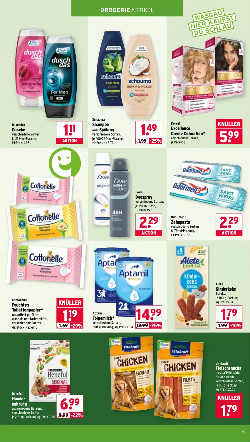 Aktueller Prospekt Wasgau - von 13.04 bis 18.04.2026 - strona 19 - produkty: alkohol, cottonelle, creme, deo, deospray, dove, duschdas, dusche, eis, elle, feuchtes toilettenpapier, flasche, fleisch, folgemilch, hundenahrung, keks, Kinder, kraft, LG, milch, Odol, papier, pasta, reis, schauma, schauma shampoo, schoko, shampoo, shampoo oder spülung, snack, snacks, spülung, Ti, toilettenpapier, vita, vitakraft, zahnpasta