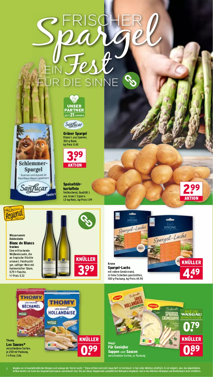 Aktueller Prospekt Wasgau - von 13.04 bis 18.04.2026 - strona 2 - produkty: angebot, angebote, auer, Brei, cuvée, de blancs, eis, flasche, frucht, früchte, Frühkartoffeln, gewürz, grüner spargel, kartoffel, kartoffeln, krone, lachs, maggi, reis, saft, sauce, saucen, schnitten, spargel, speisefrühkartoffeln, suppe, suppen, thomy, thomy les sauces, Ti, wein, Weißwein