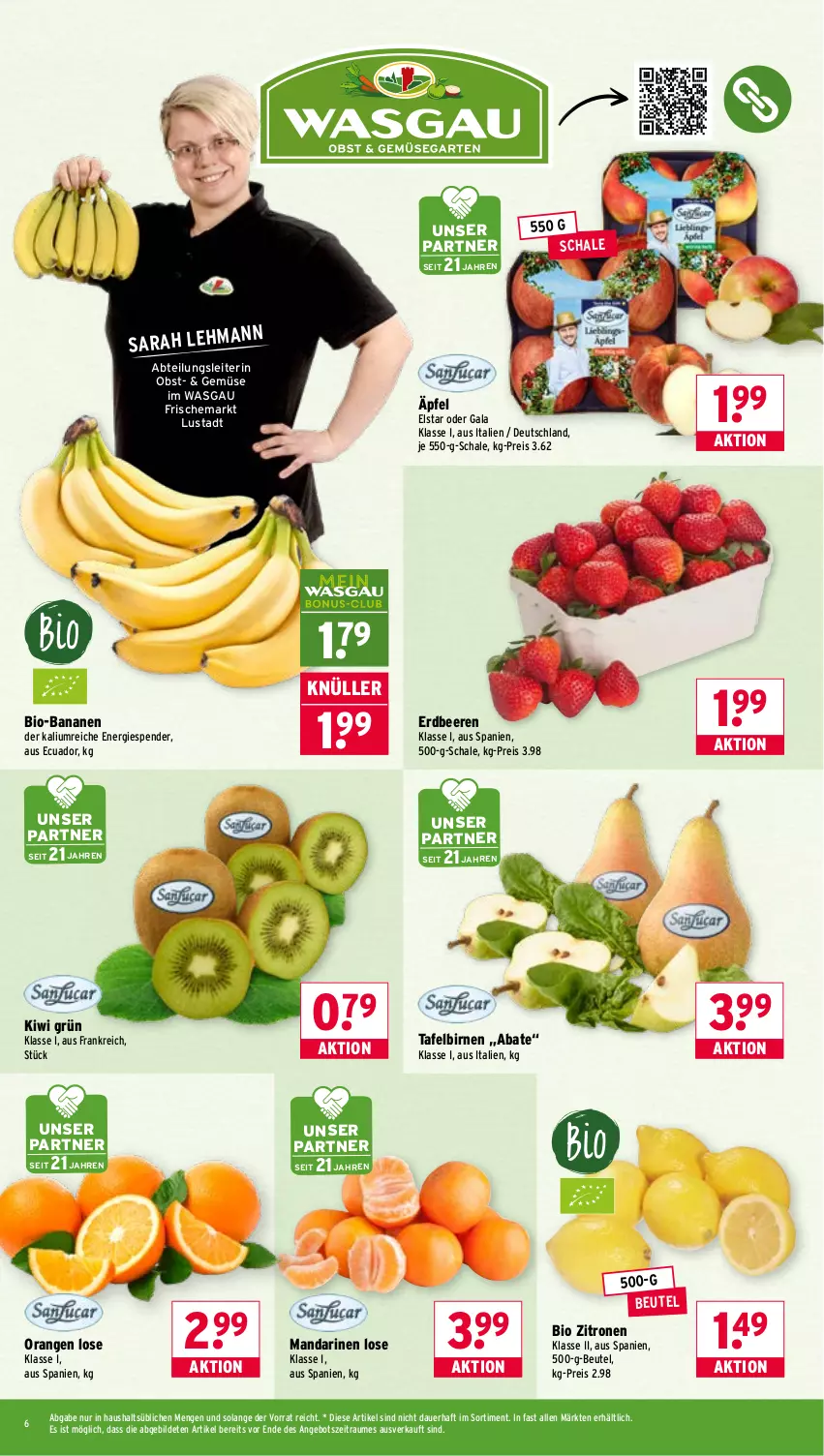 Aktueller Prospekt Wasgau - von 13.04 bis 18.04.2026 - strona 6 - produkty: Abtei, angebot, auer, banane, bananen, beere, beeren, beutel, bio, bio-bananen, Birnen, eis, erdbeere, erdbeeren, kiwi, mandarine, mandarinen, obst, orange, orangen, reis, Schal, Schale, tafelbirnen, Ti, zitrone, zitronen