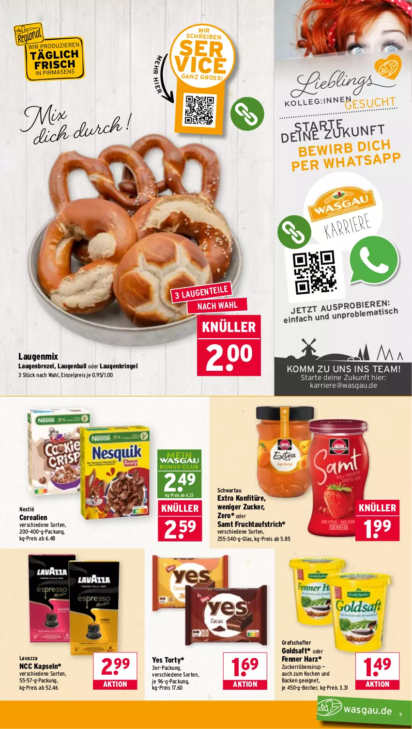 Aktueller Prospekt Wasgau - von 13.04 bis 18.04.2026 - strona 9 - produkty: aufstrich, ball, Becher, bier, Biere, brezel, cerealien, eis, frucht, fruchtaufstrich, goldsaft, grafschafter, konfitüre, Laugenbrezel, lavazza, nestlé, reis, ring, saft, Schwartau, sirup, Ti, tisch, zucker