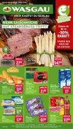 Gazetka promocyjna Wasgau - Gazetka - ważna od 18.04 do 18.04.2026 - strona 1 - produkty: angebot, angebote, auer, baguette, bio, bio-rindfleisch, braten, Brei, butter, coca-cola, cola, eis, elle, entrecôte, flasche, fleisch, frische milch, geback, haltbare milch, jacobs, je 250-g-packung, kaffee, kaffeepads, küche, mac, meggle, milch, milka, milka schokolade, mw-flasche, nuss, oder jacobs, pril, reis, rezept, rind, rinder, rindfleisch, rum, saft, schoko, schokolade, senseo, spargel, steak, Streichzart, Ti, tisch, weihenstephan, wein