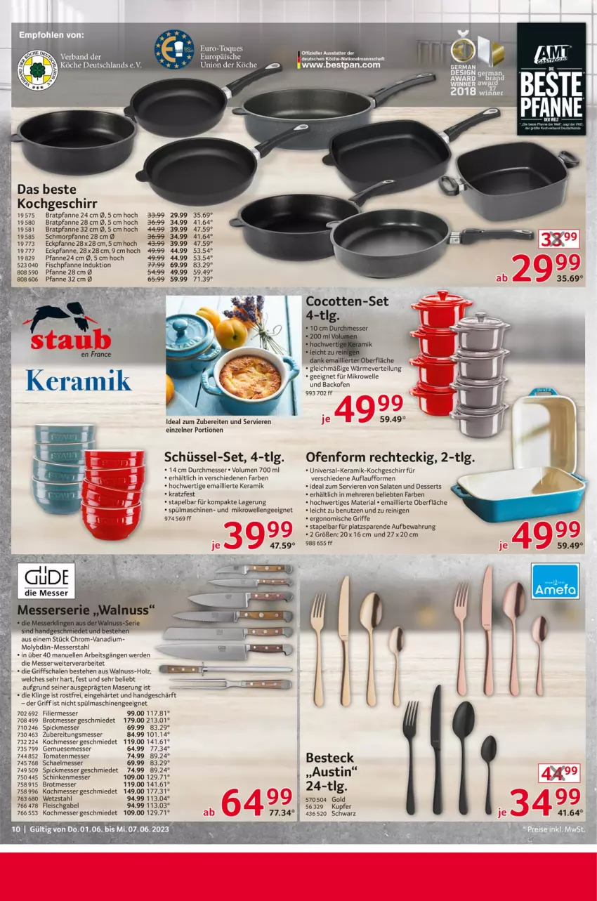 Aktueller Prospekt Selgros - Nonfood - von 01.06 bis 07.06.2023 - strona 10 - produkty: aust, backofen, besteck, bratpfanne, brot, dessert, desserts, eis, elle, erde, fisch, fleisch, gabel, geschirr, Holz, HP, LG, messer, mikrowelle, nuss, Ofen, pfanne, Ria, rwe, salat, salate, Schal, Schale, schinken, schmorpfanne, schüssel, spülmaschinen, Ti, tomate, tomaten, walnuss