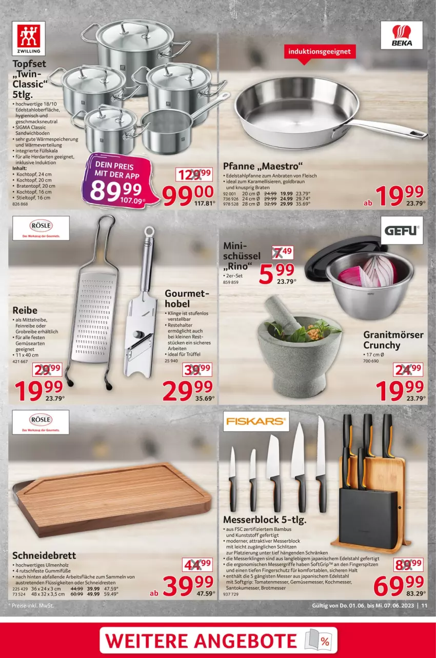 Aktueller Prospekt Selgros - Nonfood - von 01.06 bis 07.06.2023 - strona 11 - produkty: angebot, angebote, aust, bambus, braten, Bratentopf, braun, Brei, brot, edelstahl, eis, fleisch, Granitmörser, herdarten, Holz, karamell, Kochtopf, leine, LG, mac, messer, messerblock, Mode, pfanne, rösle, sandwich, schneidebrett, sigma, Ti, tomate, tomaten, topf, Topfset, Trüffel, werkzeug