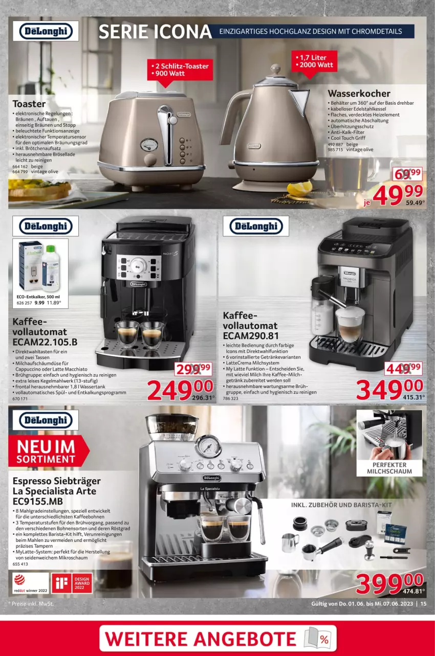 Aktueller Prospekt Selgros - Nonfood - von 01.06 bis 07.06.2023 - strona 15 - produkty: ACC, auto, Behälter, bohne, bohnen, brötchen, brötchenaufsatz, Cap, cappuccino, chia, cin, delonghi, edelstahl, eis, Elektro, entkalker, erde, espresso, getränk, getränke, hochglanz, kaffee, kaffeebohnen, Kocher, latte, latte macchiato, Leuchte, LG, mac, macchiato, milch, olive, Reinigung, Ria, Schal, Spezi, tasse, Ti, tisch, toast, toaster, überhitzungsschutz, wasser, wasserkocher, wassertank, WICK