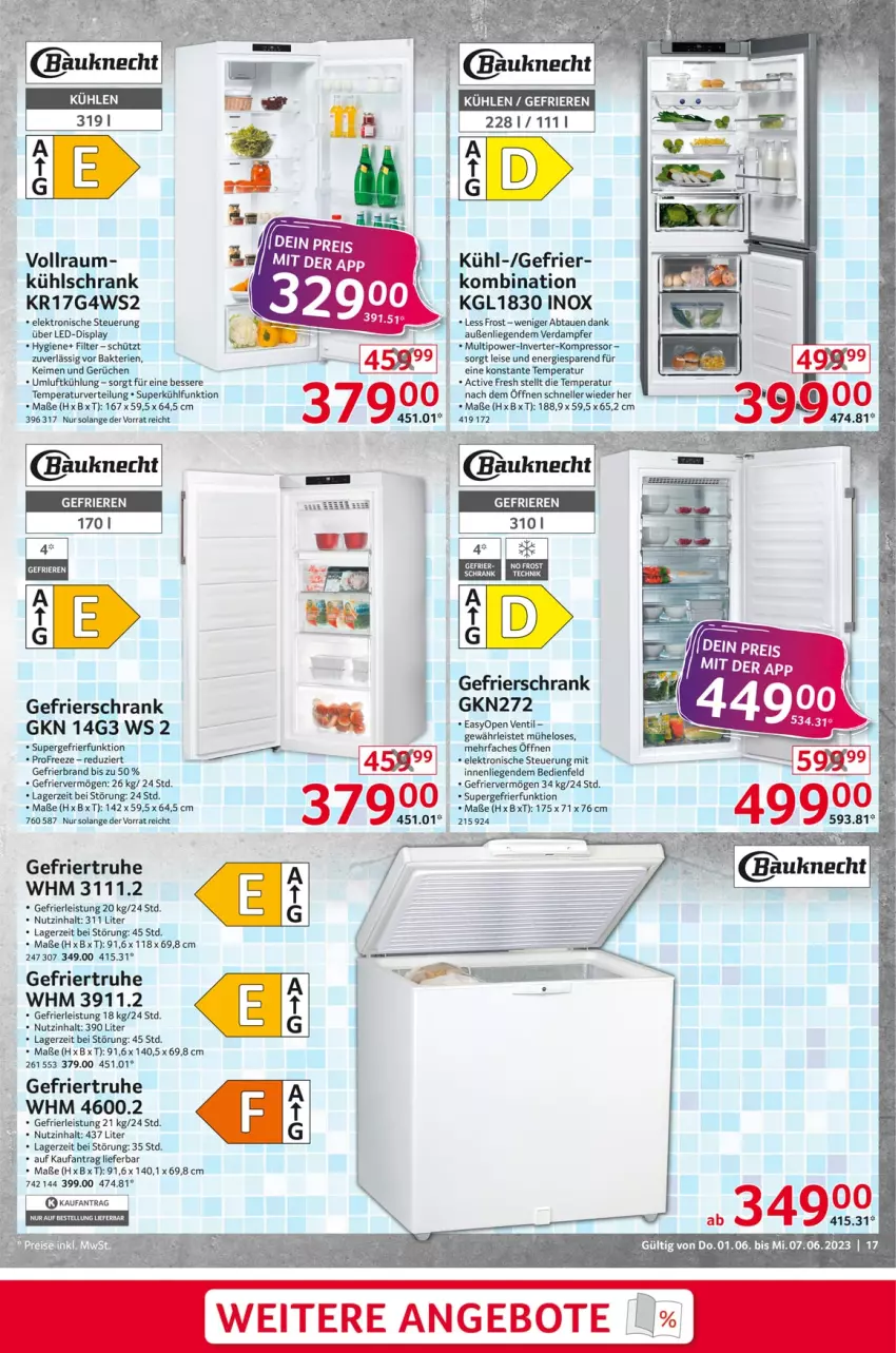 Aktueller Prospekt Selgros - Nonfood - von 01.06 bis 07.06.2023 - strona 17 - produkty: angebot, angebote, Bau, bauknecht, eis, Elektro, elle, gefrierschrank, kompressor, kühlschrank, Liege, Schrank, supergefrierfunktion, Ti, Yo