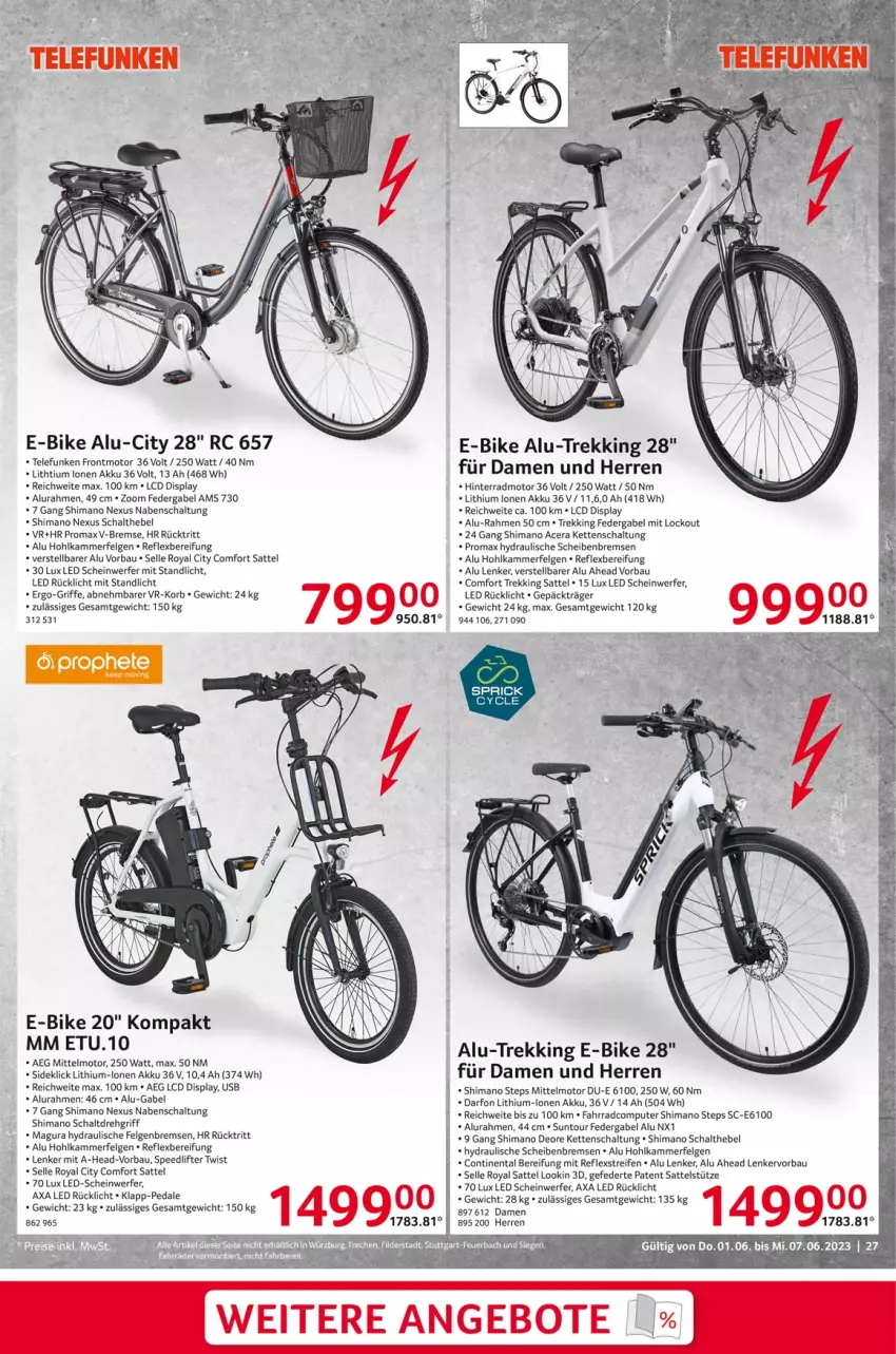 Aktueller Prospekt Selgros - Nonfood - von 01.06 bis 07.06.2023 - strona 27 - produkty: acer, aeg, akku, angebot, angebote, Bau, computer, deo, E-Bike, elle, Fahrrad, felgen, gabel, Kette, korb, LG, nexus, promax, pute, reifen, rücklicht, sattel, sattelstütze, Schal, shimano, spee, tee, telefunken, Ti, usb